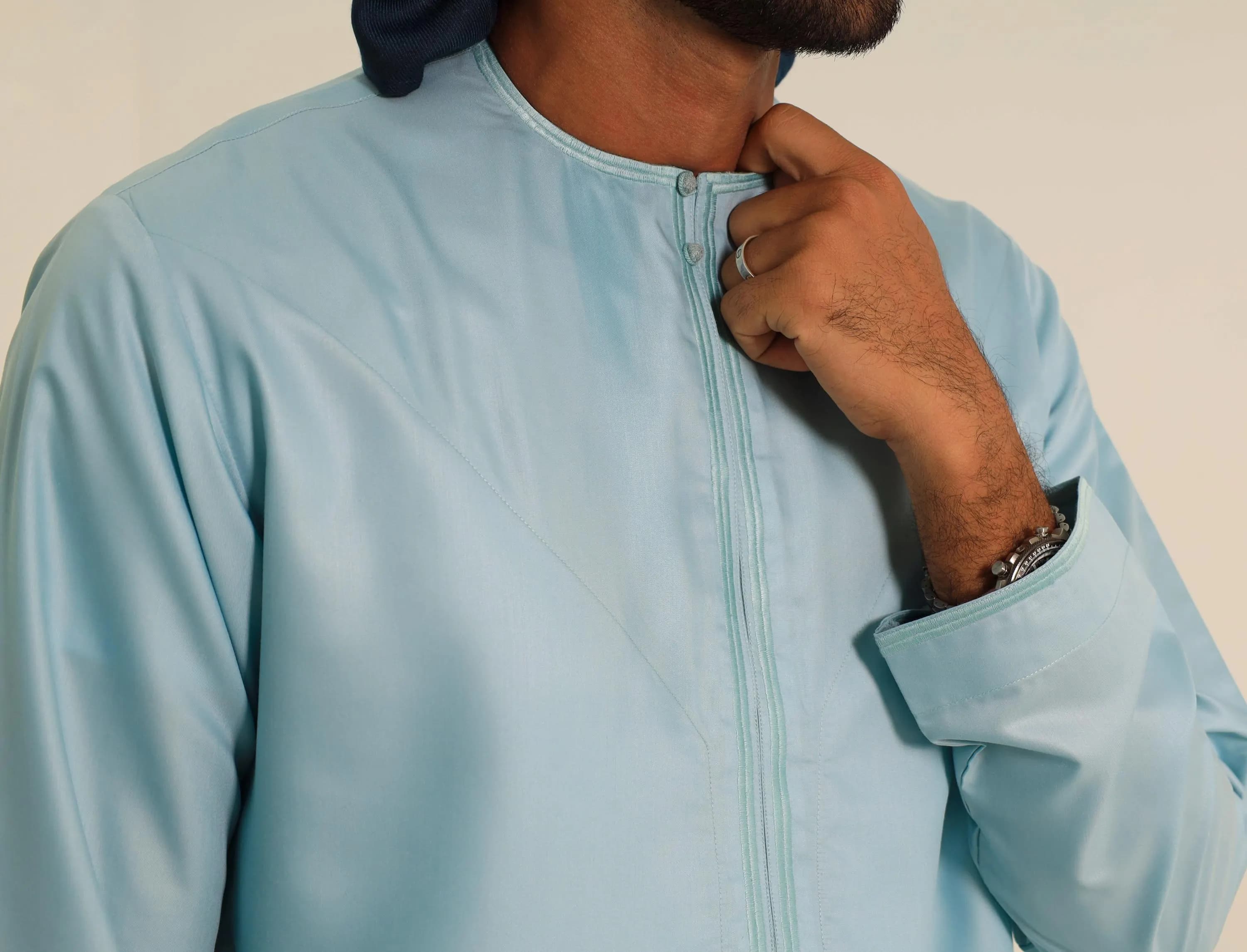 Aqua Blue Omani Thobe for Men, Embroidered Japanese Cotton Jubba, Eid Kandura - image 5