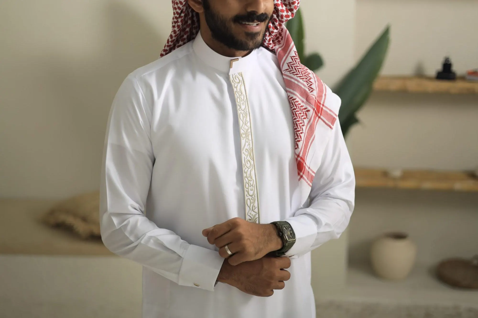 White Collar Thobe for Men with Gold Embroidery, Japanese Cotton Jubba, Eid Nikah - image 5