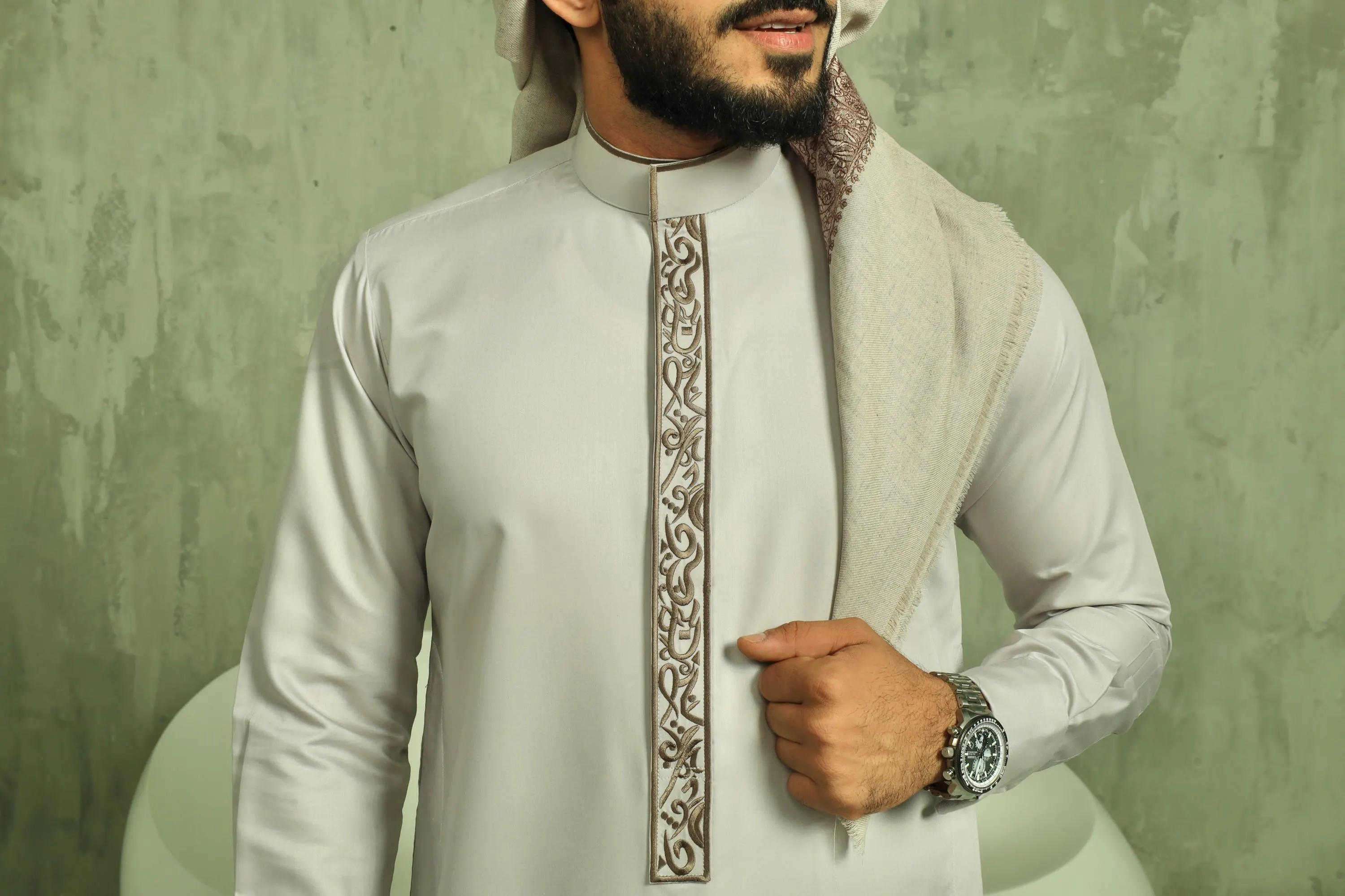 Light Taupe Collar Thobe for Men with Tonal Embroidery, Japanese Cotton Jubba, Eid Nikah - image 5