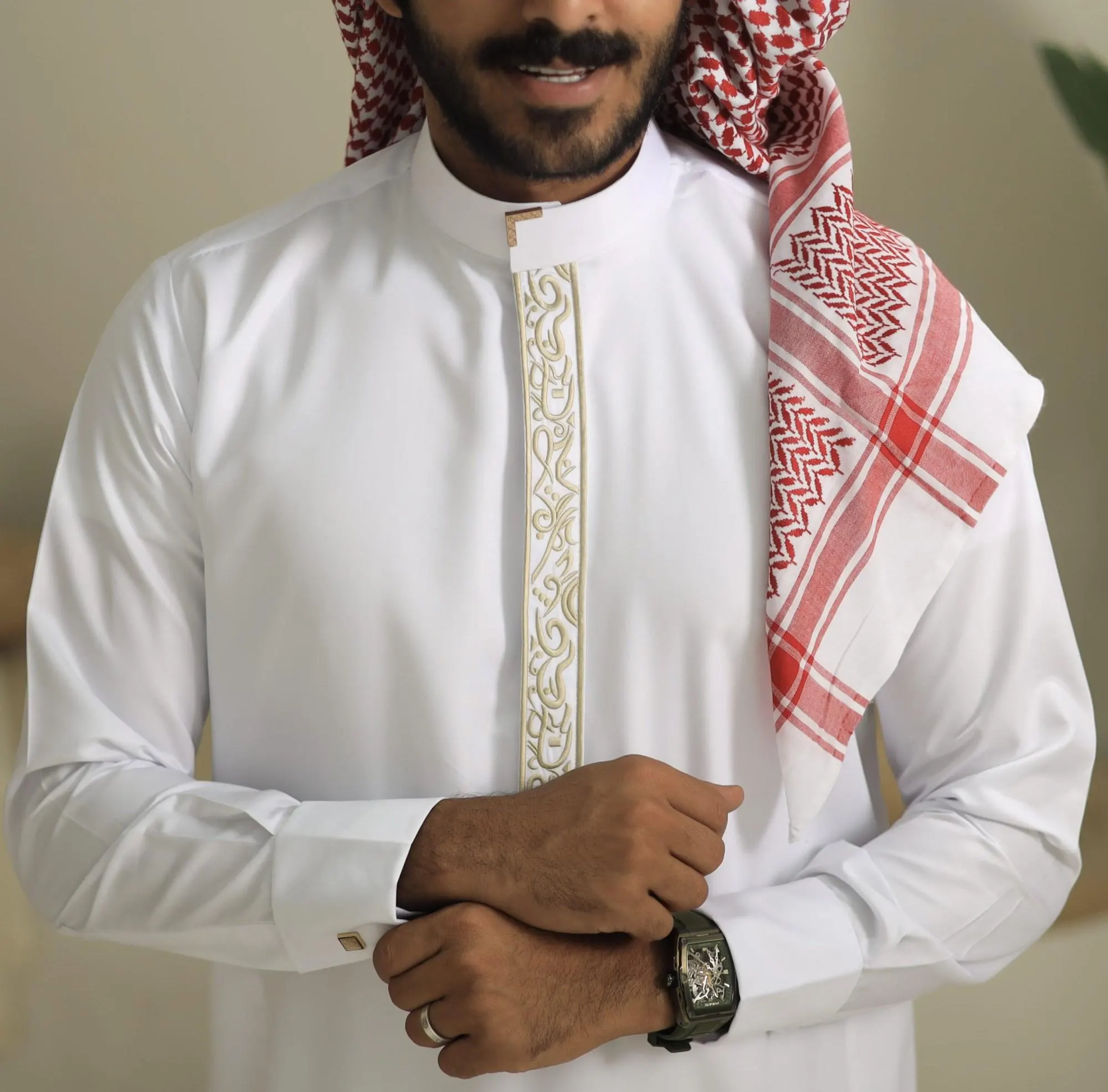 White Collar Thobe for Men with Gold Embroidery, Japanese Cotton Jubba, Eid Nikah - image 2