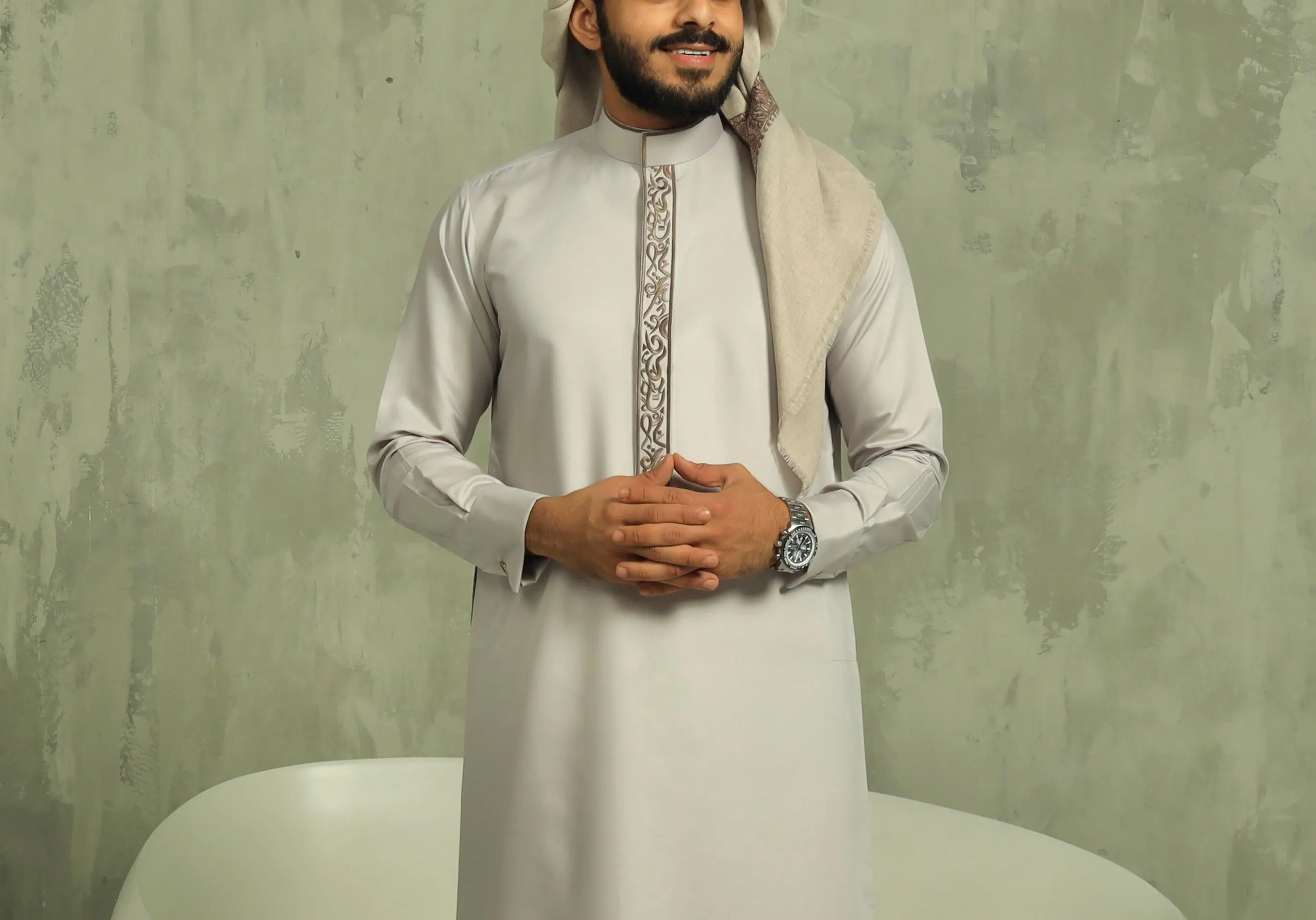 Light Taupe Collar Thobe for Men with Tonal Embroidery, Japanese Cotton Jubba, Eid Nikah - image 3