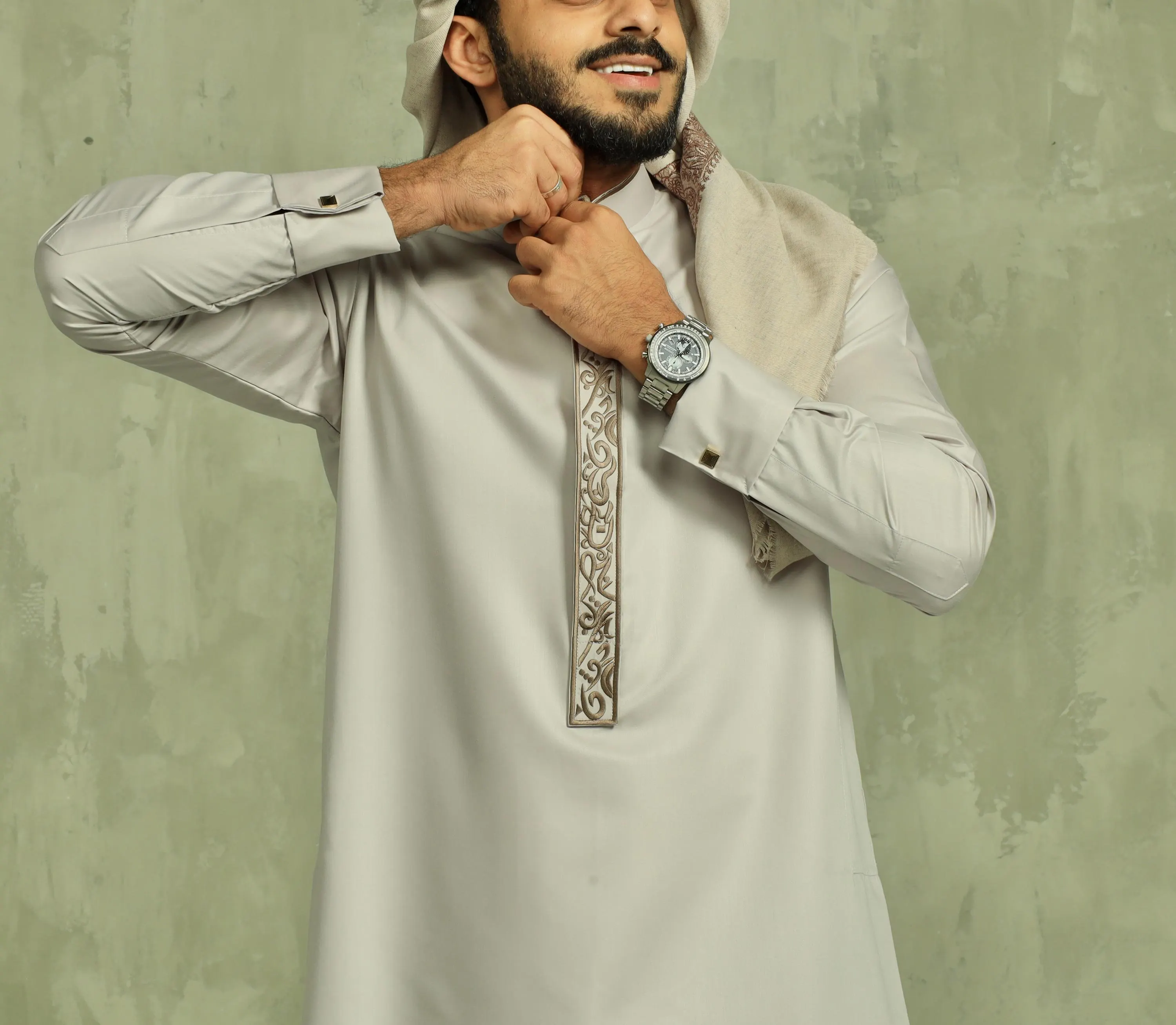 Light Taupe Collar Thobe for Men with Tonal Embroidery, Japanese Cotton Jubba, Eid Nikah - image 4
