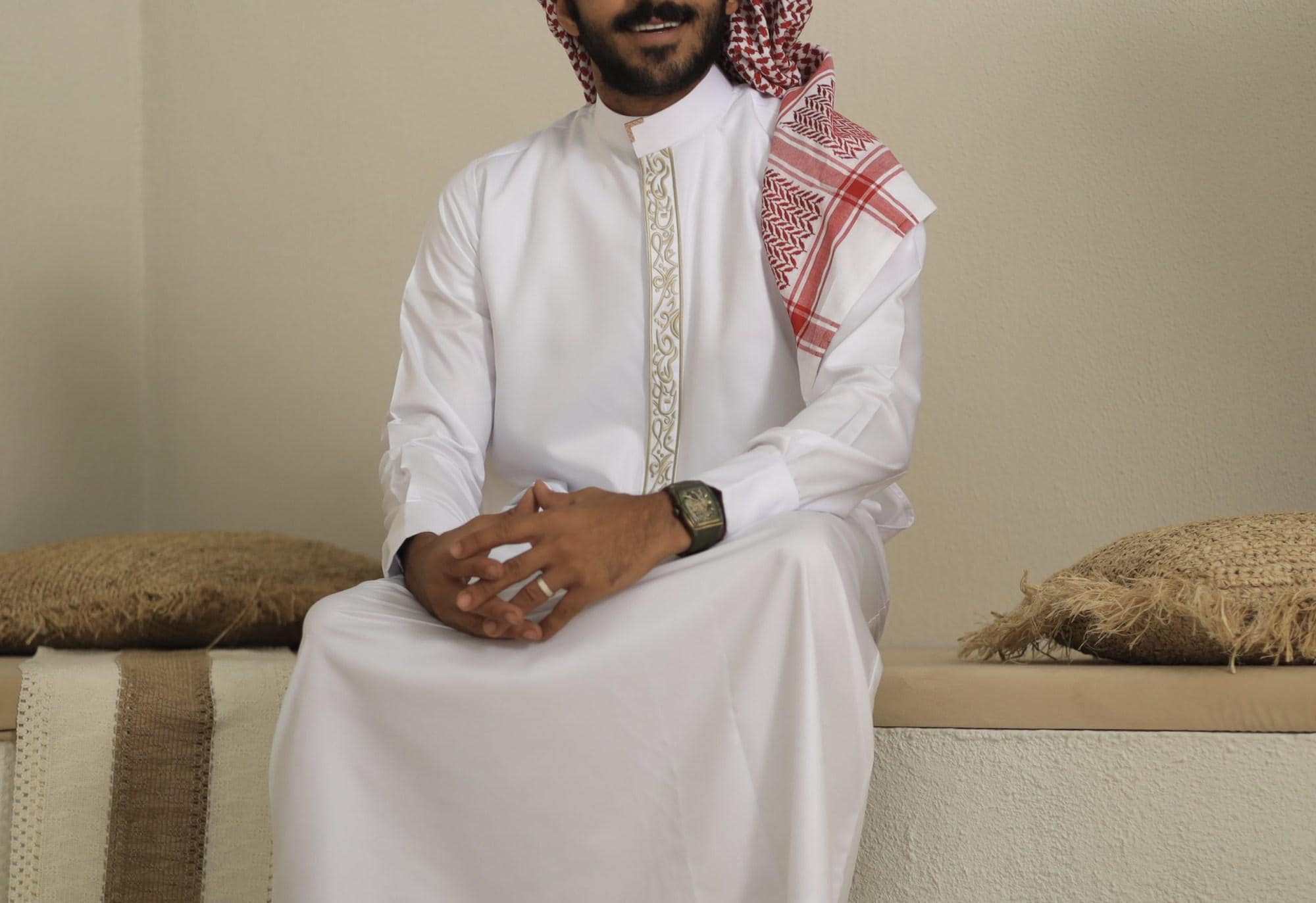 White Collar Thobe for Men with Gold Embroidery, Japanese Cotton Jubba, Eid Nikah