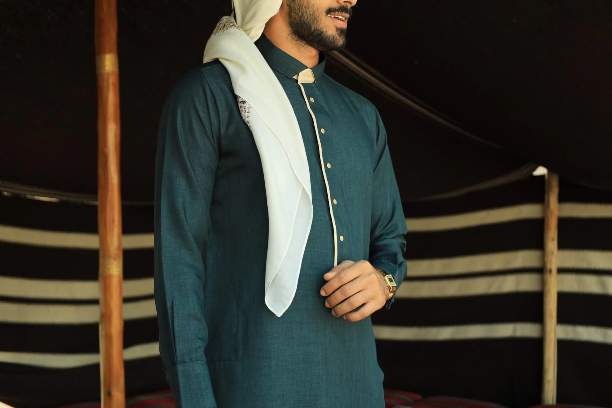 Green Collar Thobe for Men, Gold Buttons, Wrinkle Resistant Fabric, Eid Nikah Jubba - image 4