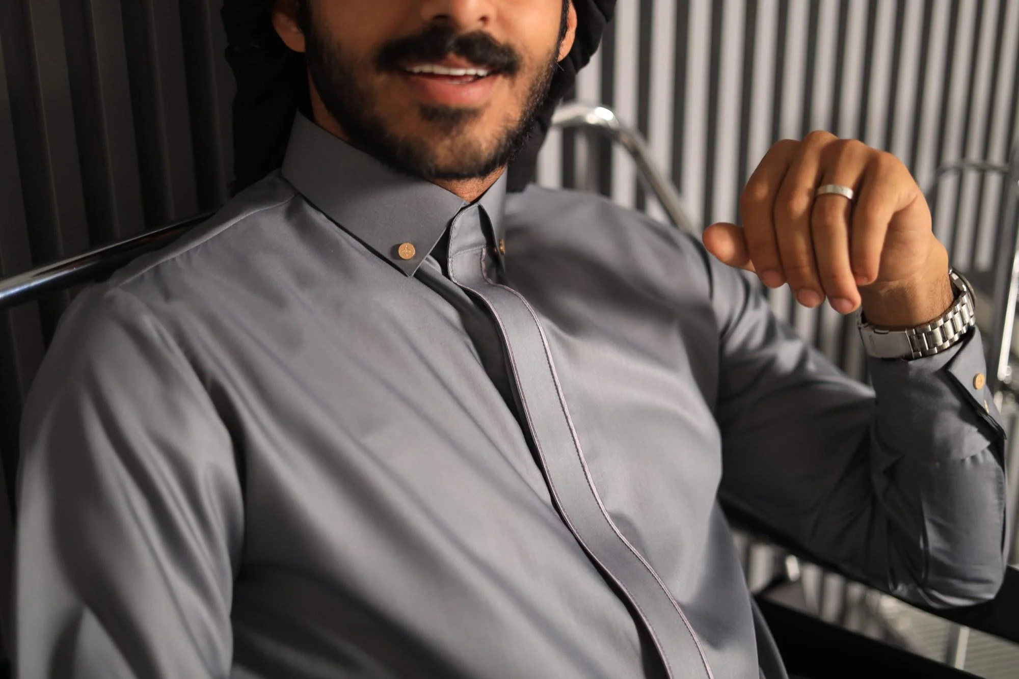 Grey Collar Thobe for Men with Tonal Embroidery, Japanese Cotton Jubba, Eid Nikah - image 5