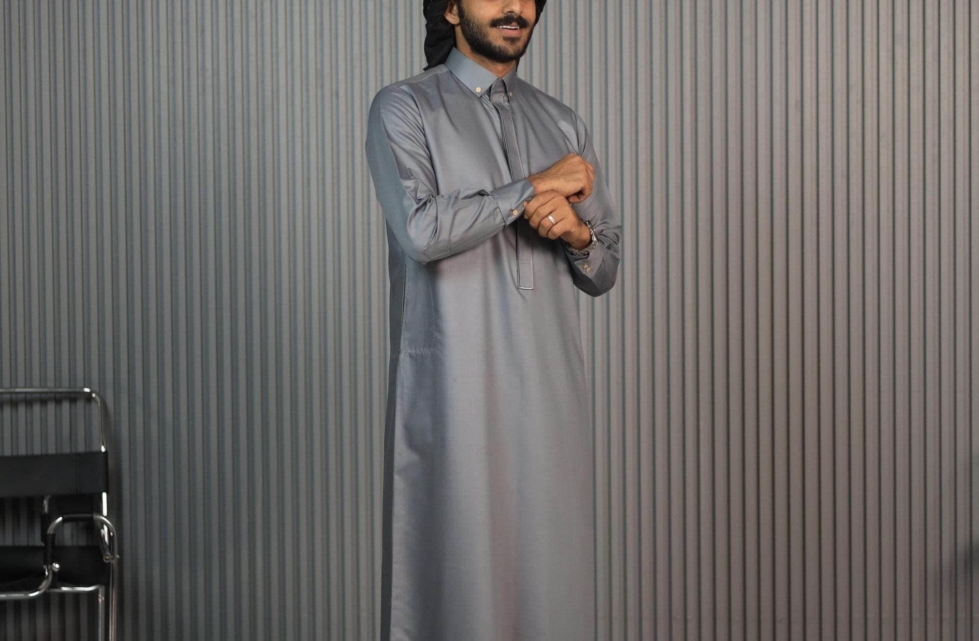 Grey Collar Thobe for Men with Tonal Embroidery, Japanese Cotton Jubba, Eid Nikah