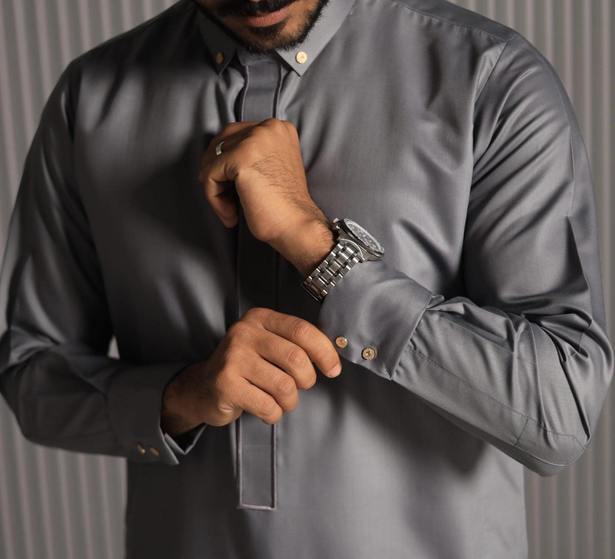 Grey Collar Thobe for Men with Tonal Embroidery, Japanese Cotton Jubba, Eid Nikah - image 3