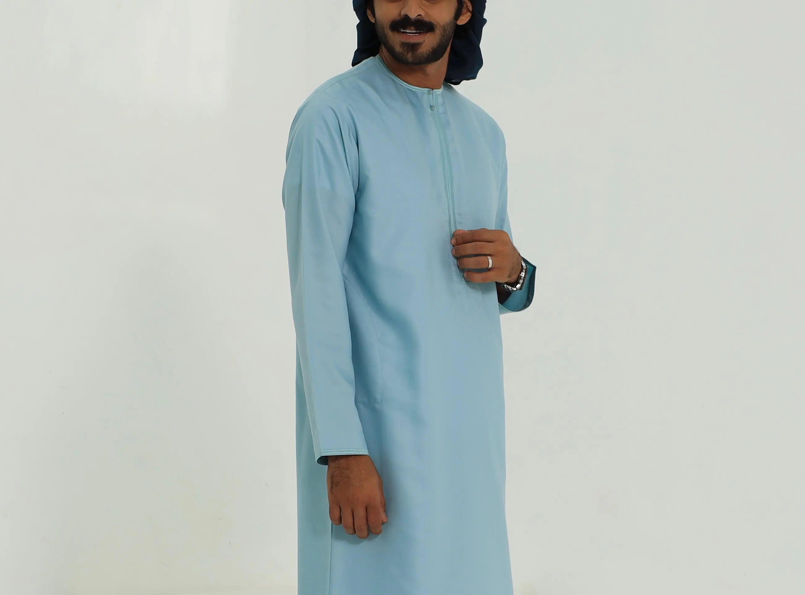 Aqua Blue Omani Thobe for Men, Embroidered Japanese Cotton Jubba, Eid Kandura