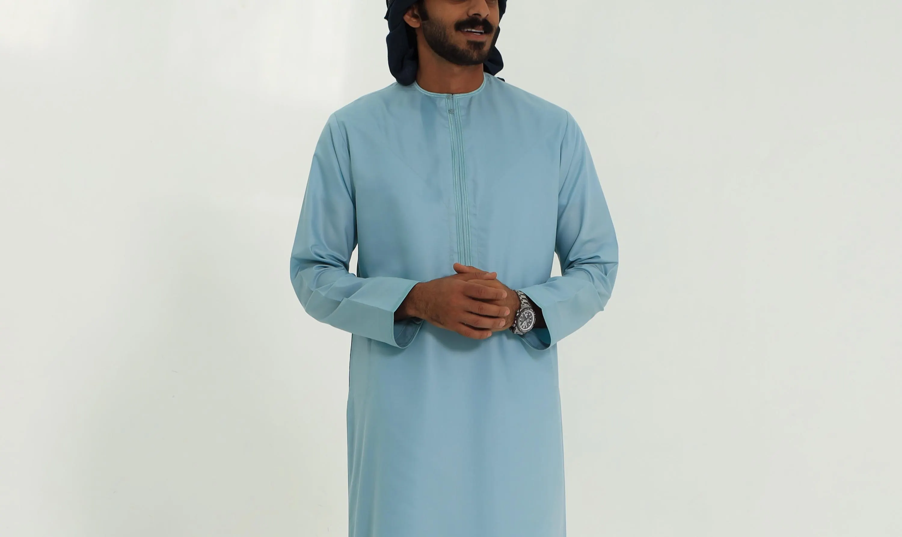 Aqua Blue Omani Thobe for Men, Embroidered Japanese Cotton Jubba, Eid Kandura - image 3