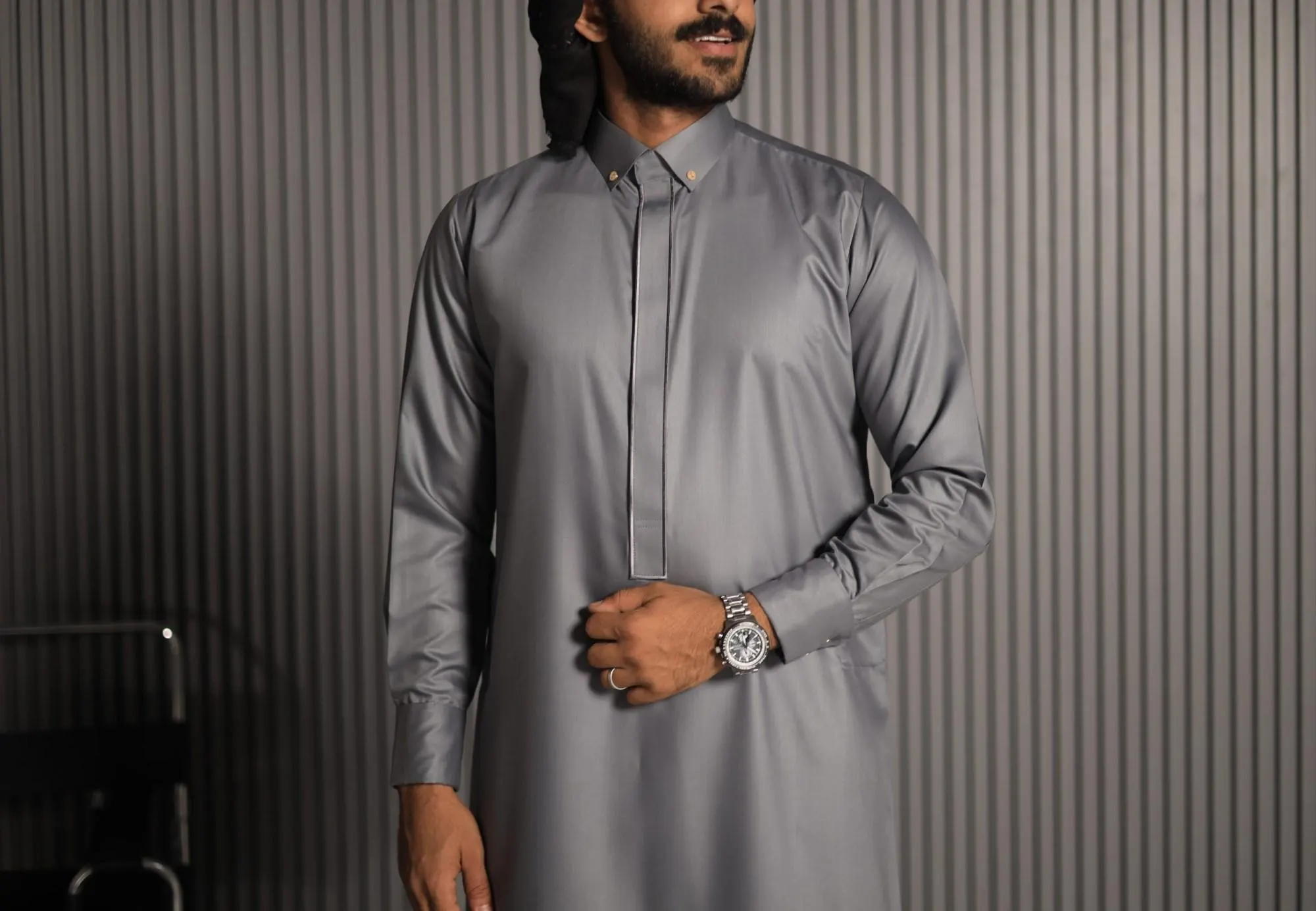 Grey Collar Thobe for Men with Tonal Embroidery, Japanese Cotton Jubba, Eid Nikah - image 4