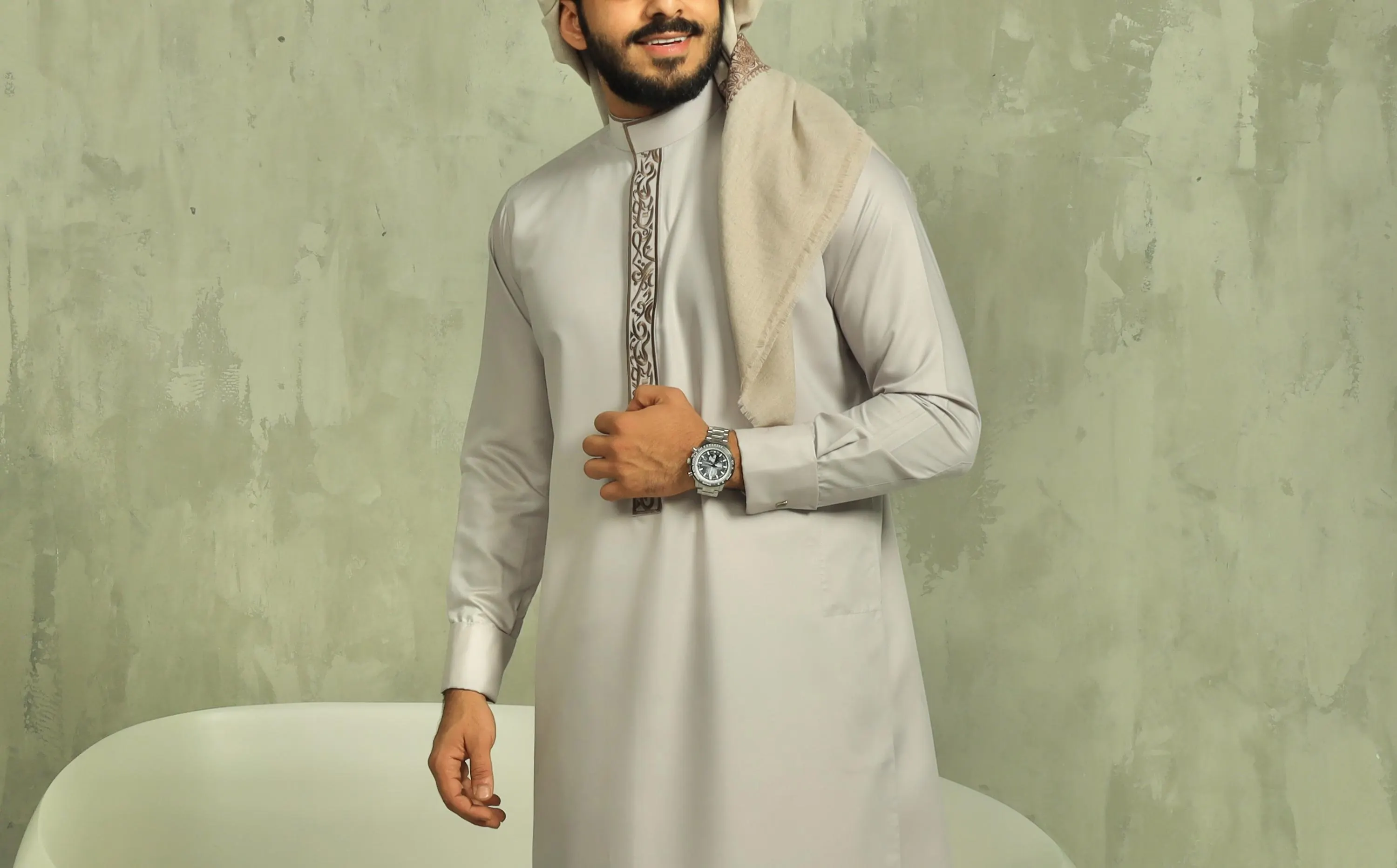 Light Taupe Collar Thobe for Men with Tonal Embroidery, Japanese Cotton Jubba, Eid Nikah