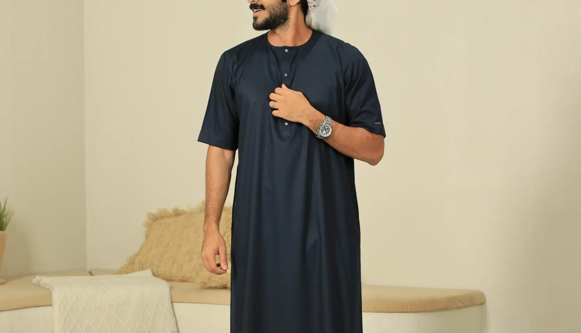 Charcoal Short Sleeve Thobe for Men, Press Button Summer Jubba, Everyday Dishdasha