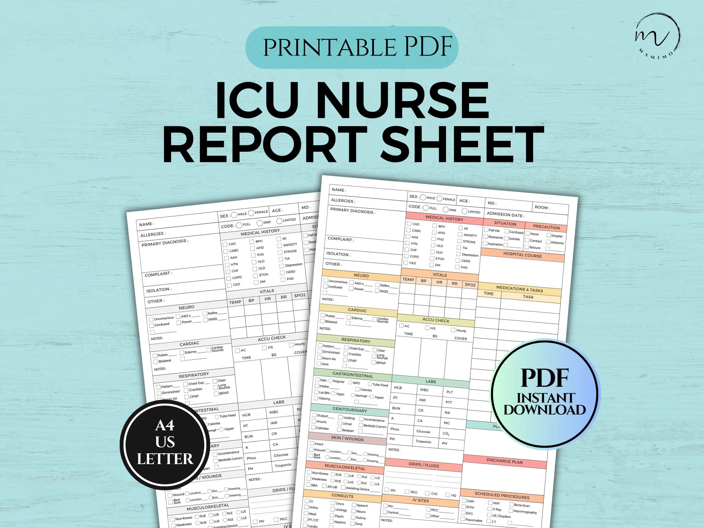 ICU Nurse Report Sheet, Med Surg Nursing, SBAR Nurse Brain Sheet, RN Report, Patient Assessment, Medication & To-Do Log, Printable A4/Letter