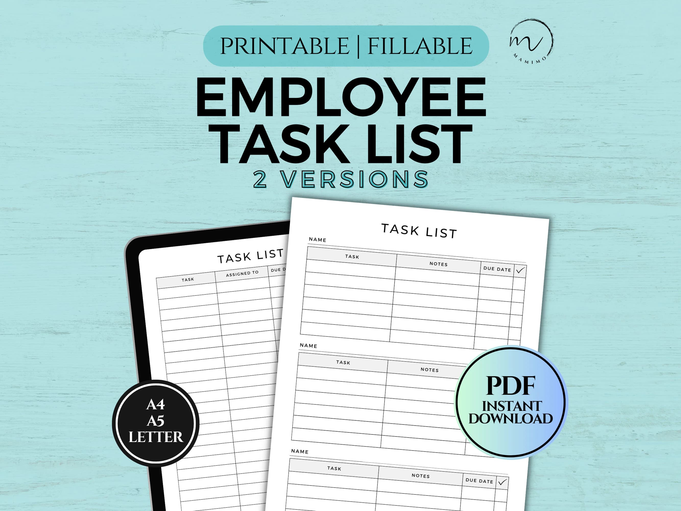 Employee Task List, Assignment Sheet, Employee Timekeeping Sheet, Task Management, Work Schedule Tracker, Printable And Fillable PDF