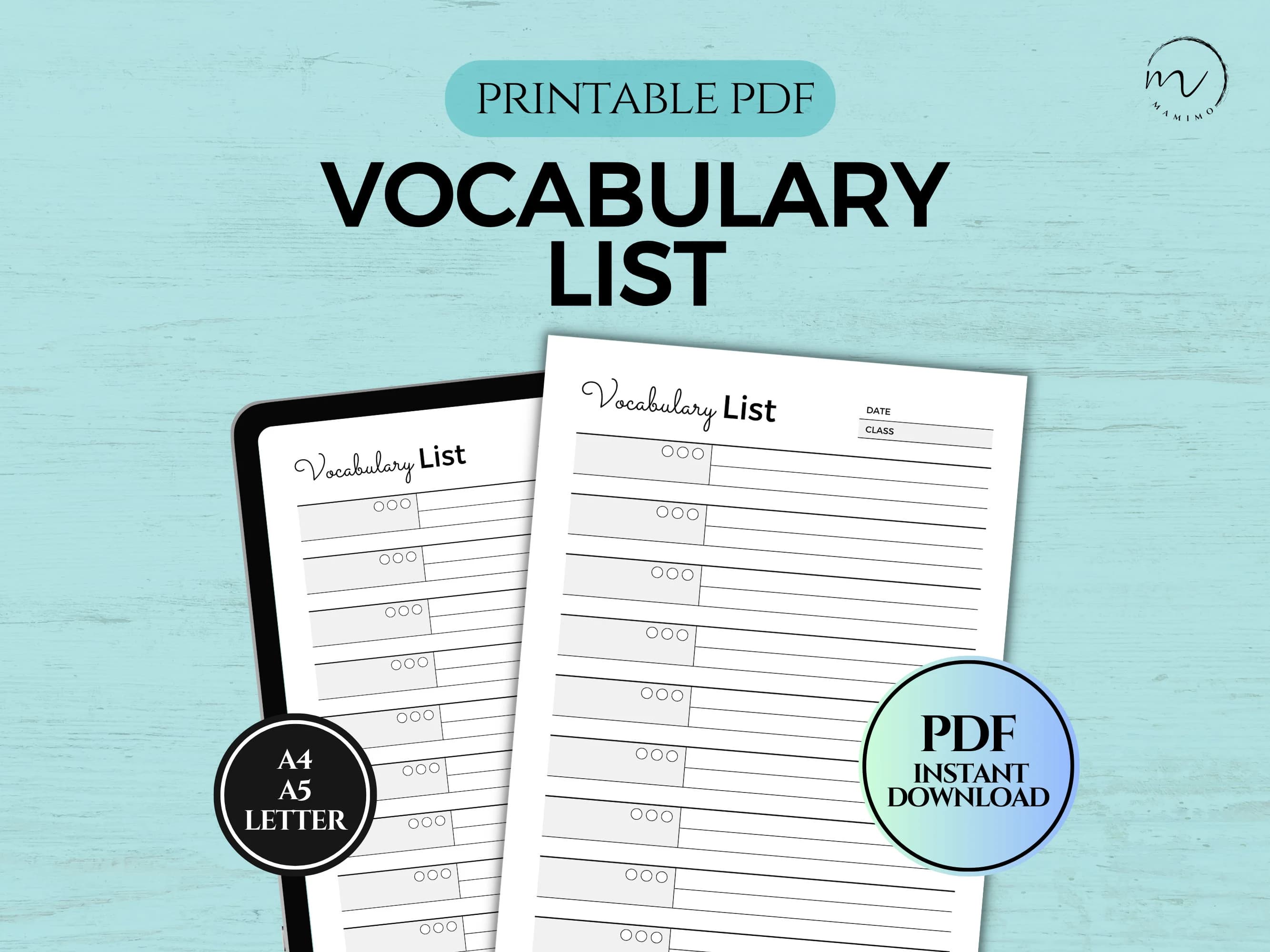 Vocabulary List Printable, Language Study Notebook Template, Language Learning, Vocabulary Note, PDF Instant Download A4/A5/Letter Size