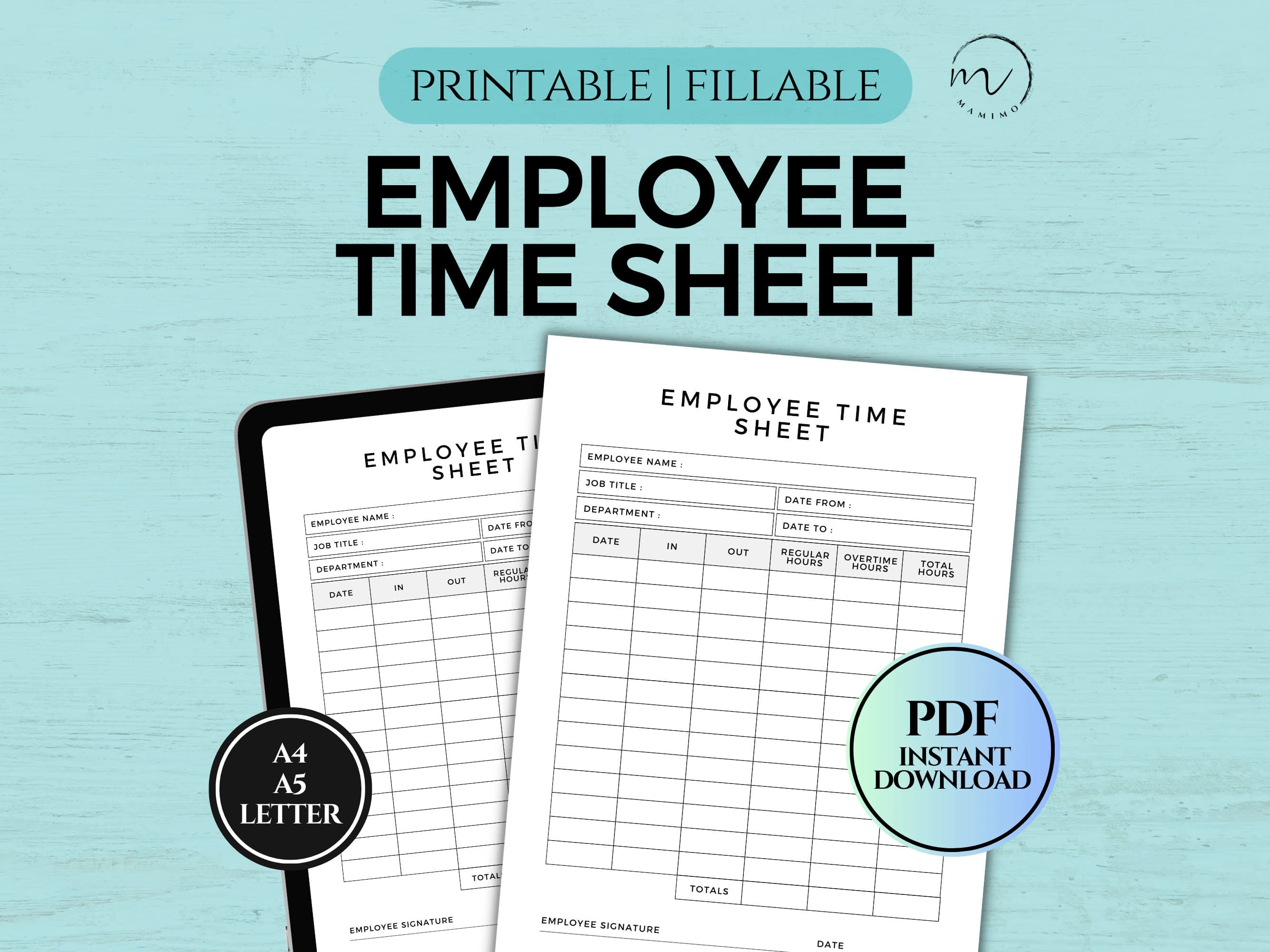 Employee Time Sheet, Employee Scheduling Timesheet, Office Time Card, Employee Timekeeping, Work Log Tracker, Printable, Fillable PDF