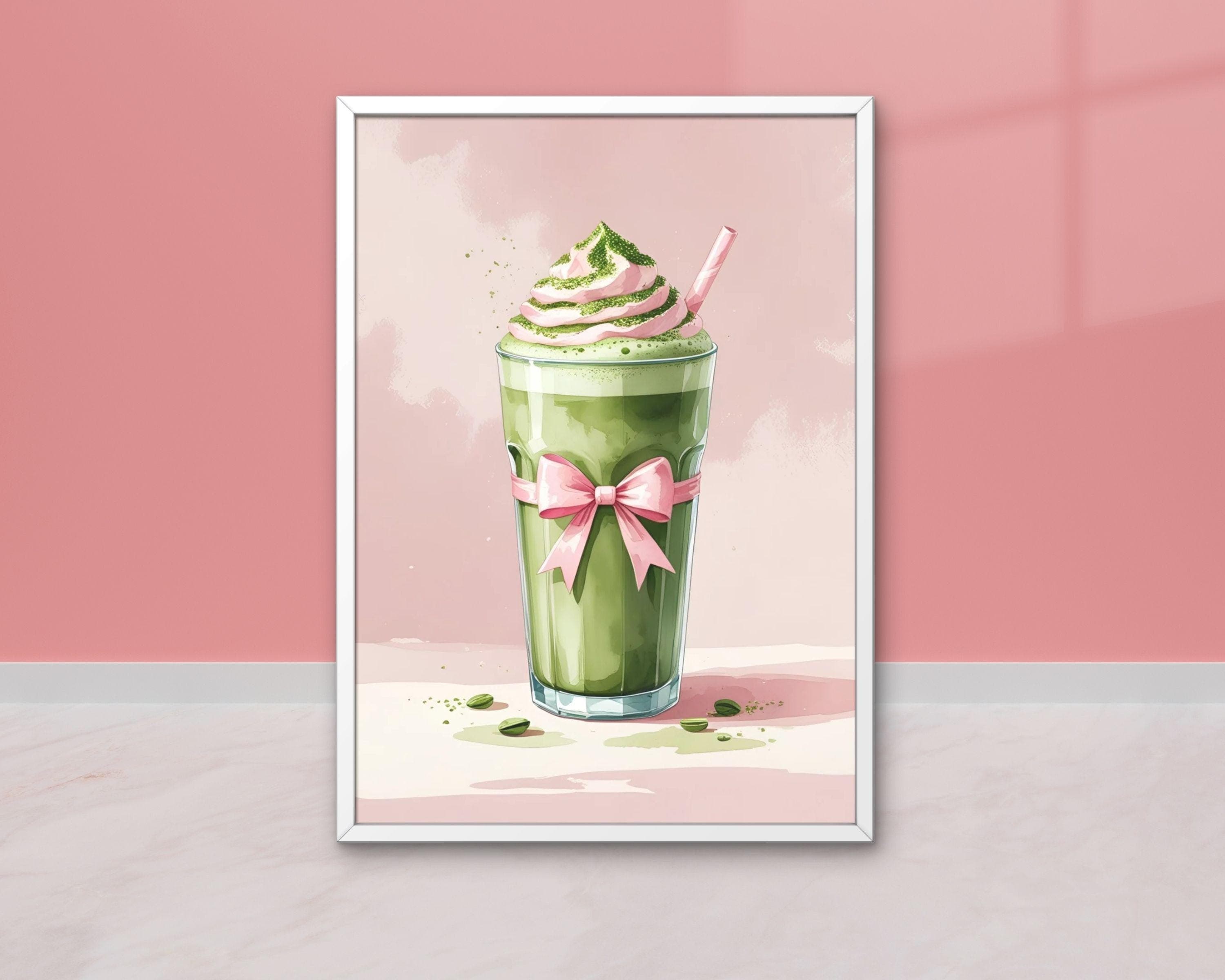 Pink Bow Matcha Latte Print – Coquette Cafe Decor (Digital Download)
