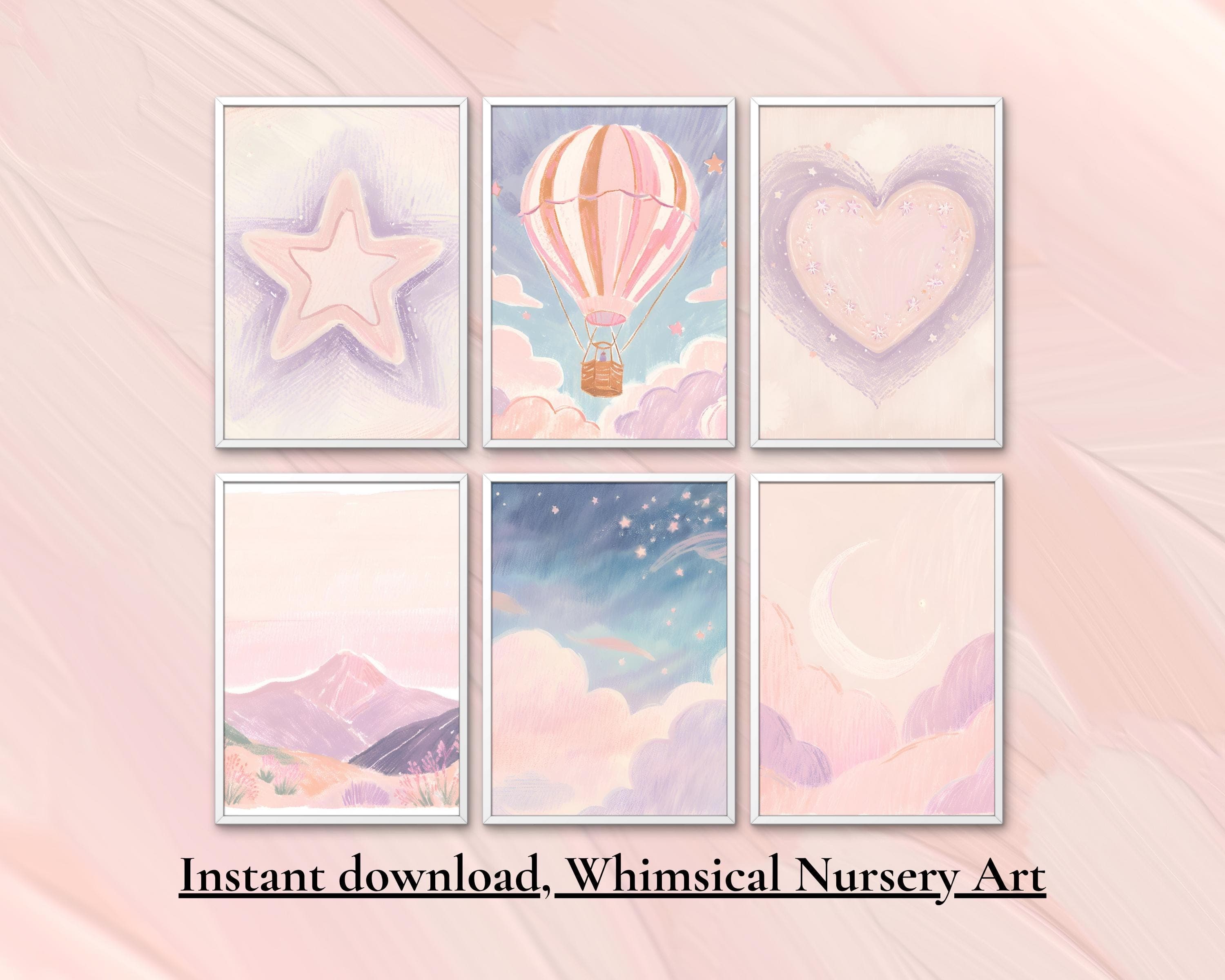 Pastel Nursery Art Set | Dreamy Stars, Heart, Hot Air Balloon (Digital Prints)