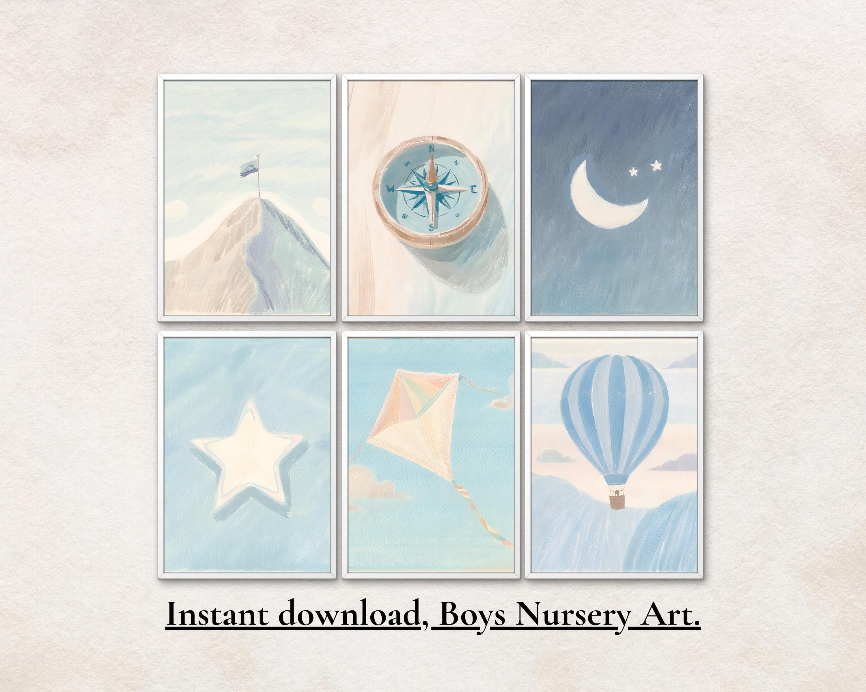 Pastel Adventure Nursery Print Set – Mountain, Compass, Moon (Digital Download)