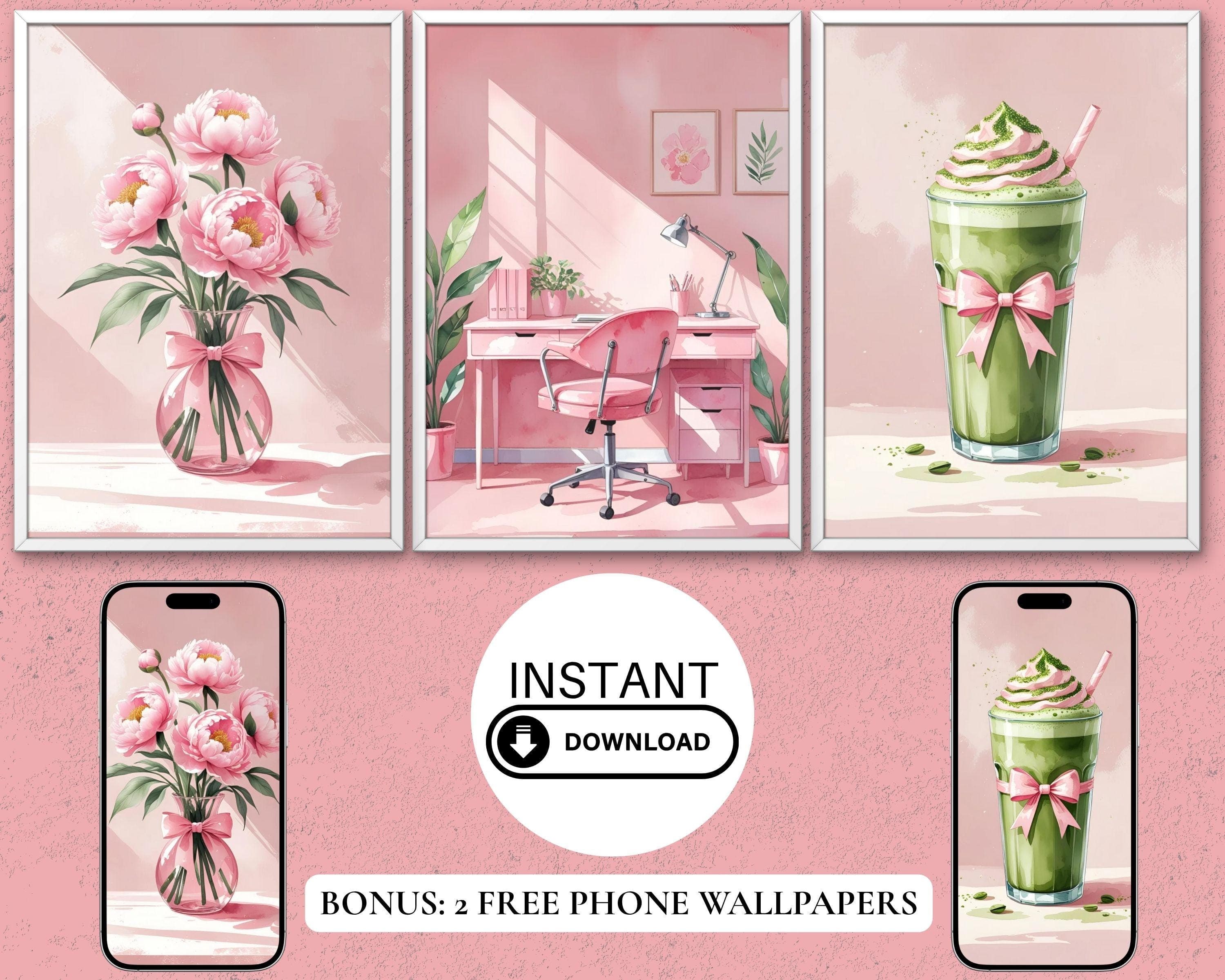 Coquette Wall Art Set | Pink Desk, Peony & Matcha Prints (Digital Download)