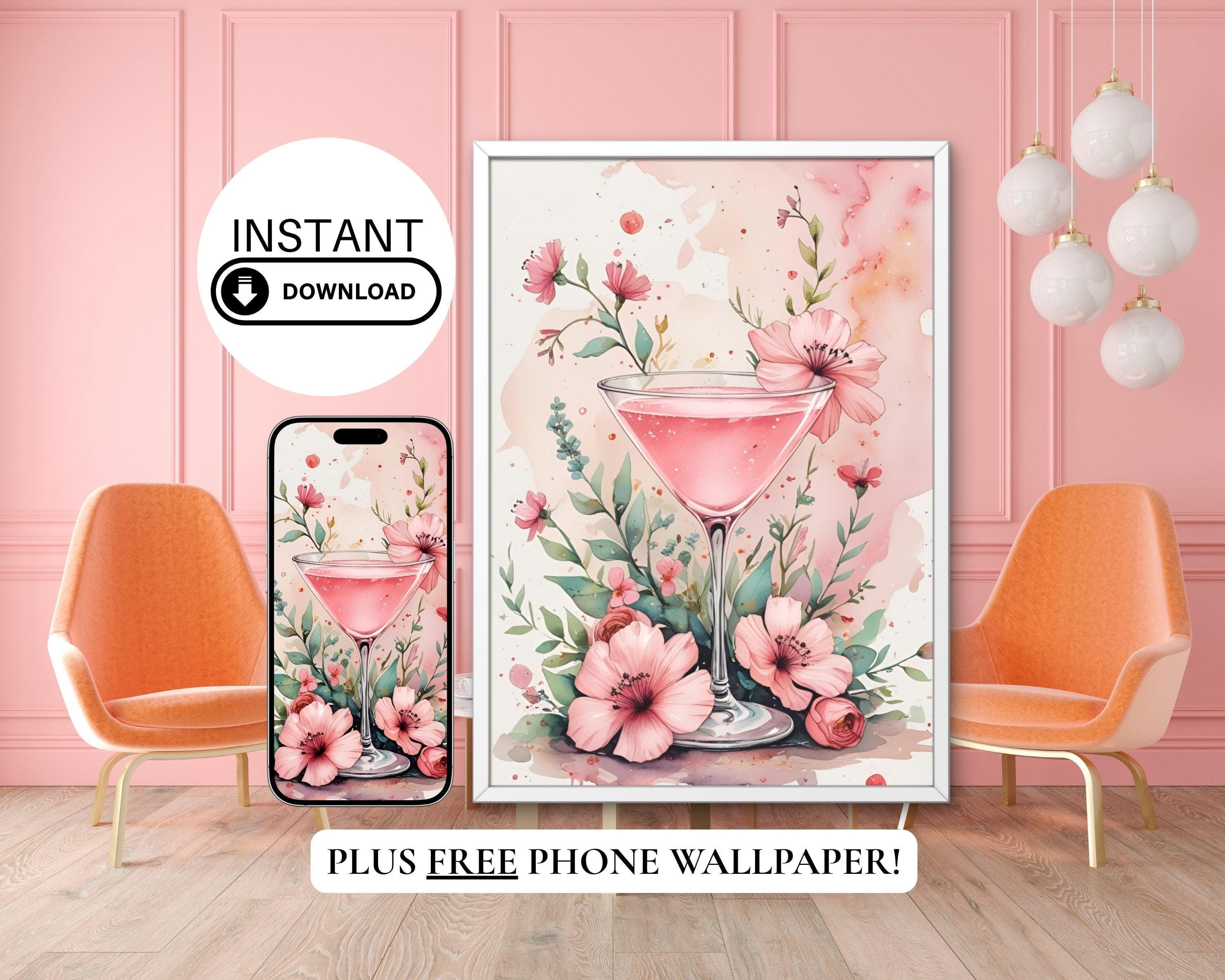 Coquette Cocktail Print | Pink Floral Girly Decor (Digital Download)