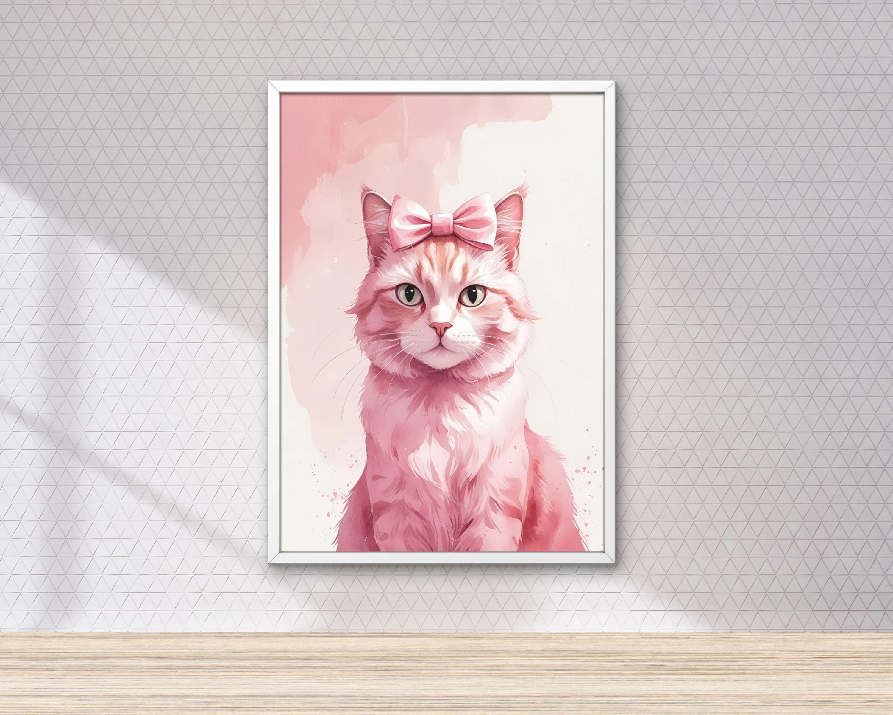 Pink Cat Bow Wall Art – Coquette Illustration (Digital Download)
