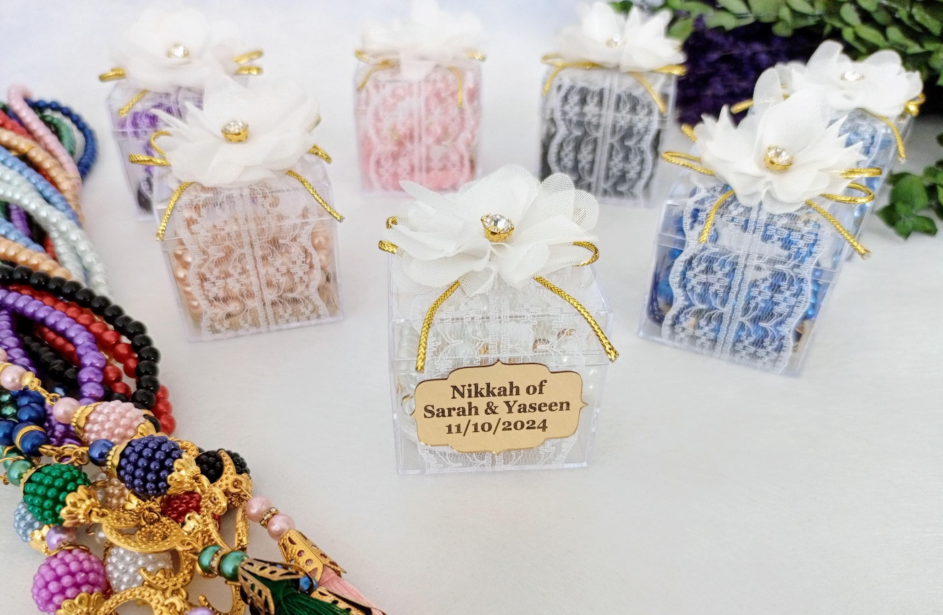 Personalized Pearl Tasbih Prayer Beads, Decorated Boxed Favors