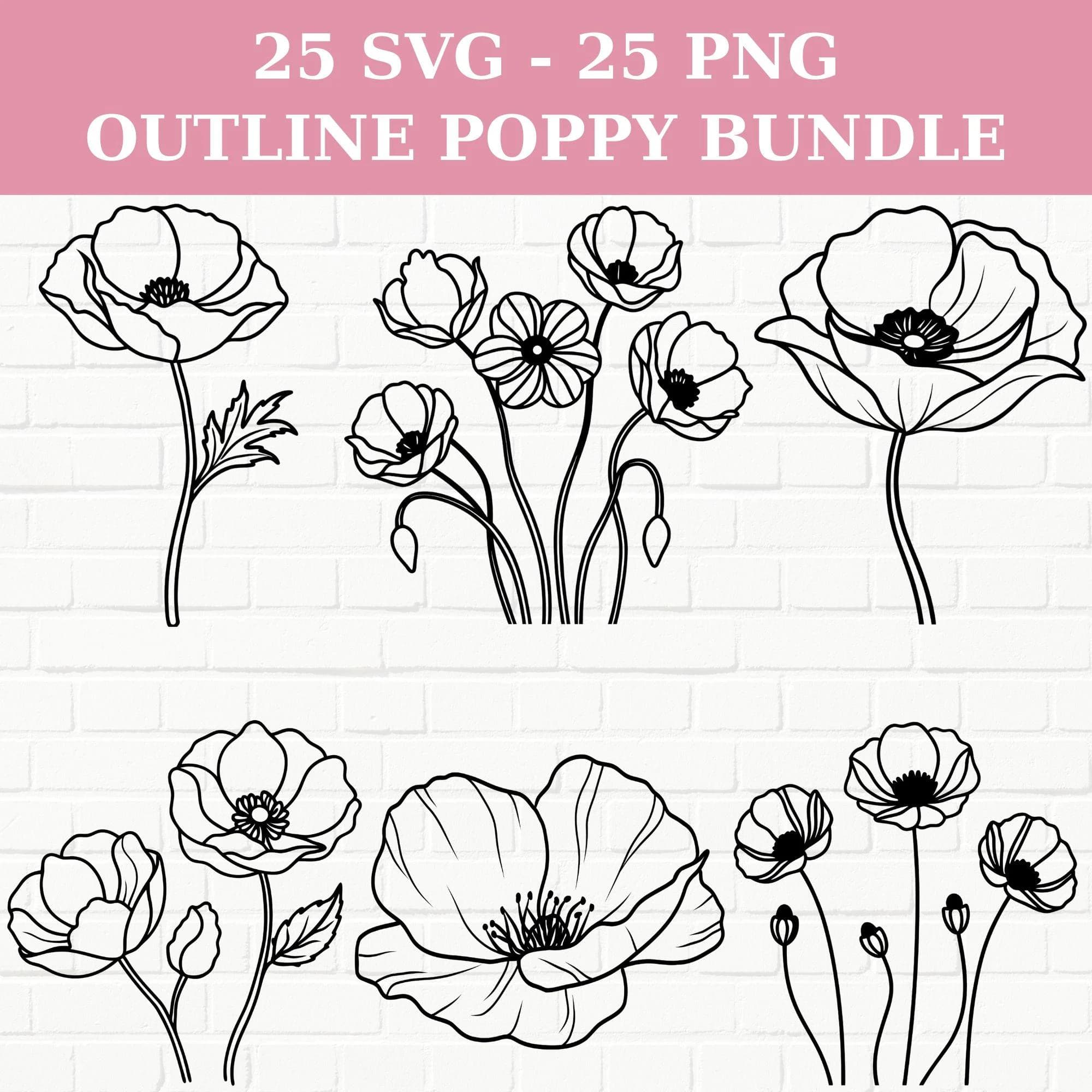 Poppy Flower SVG Bundle: Hand-Drawn Outline Designs (Digital Download)