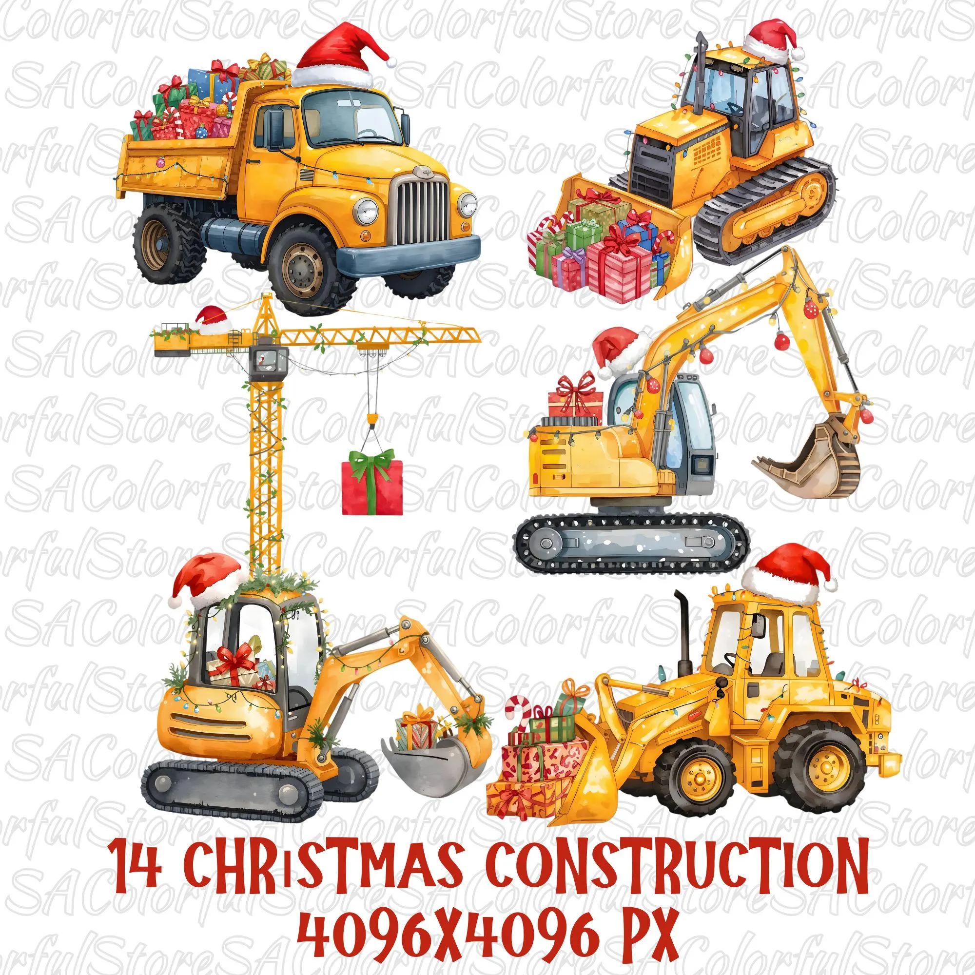 Watercolor Christmas Construction Trucks PNG Bundle, Excavator, Bulldozer, Crane, Dump Truck Christmas Clipart