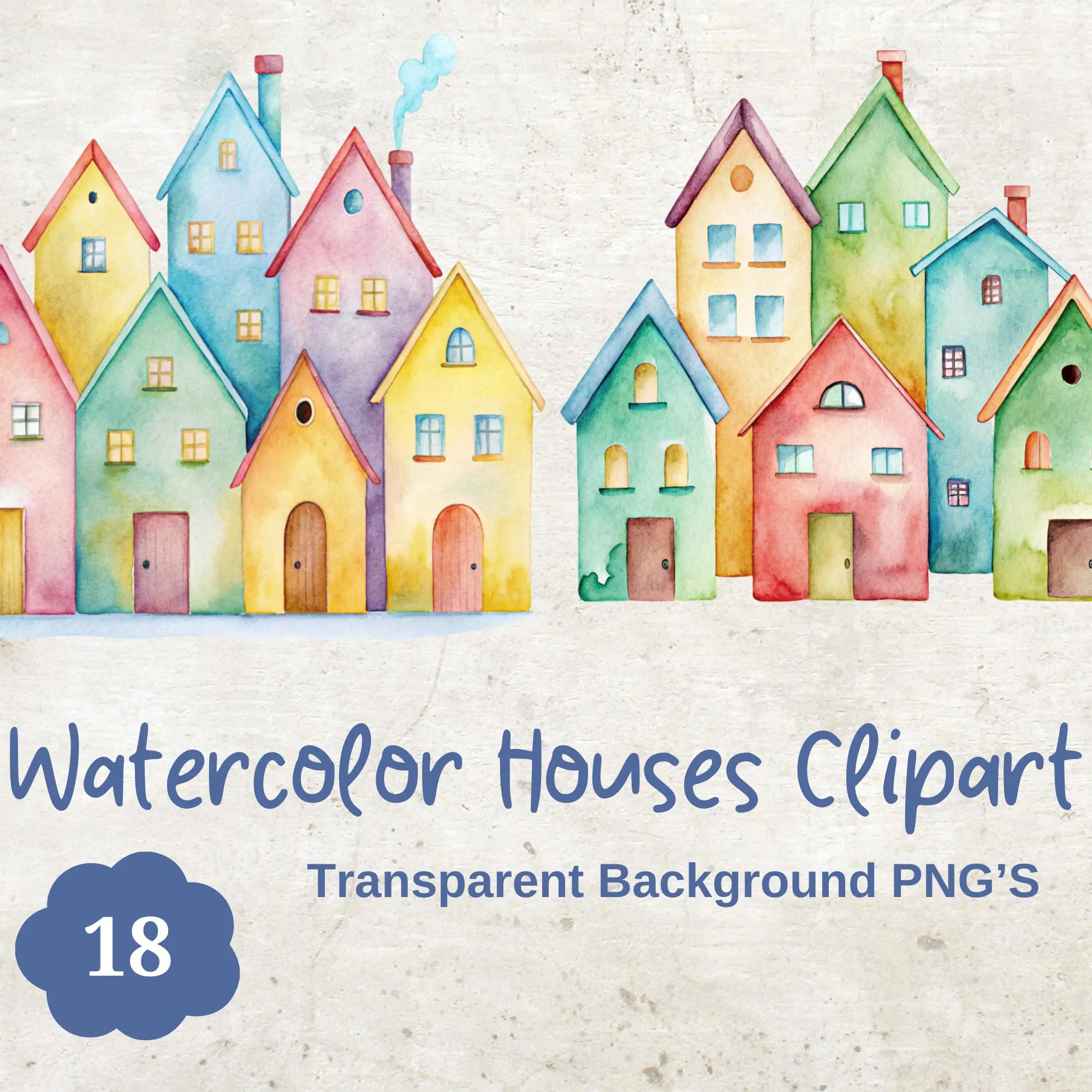 Watercolor Houses Clipart Set: Hand-Painted PNG Images (Digital Download)