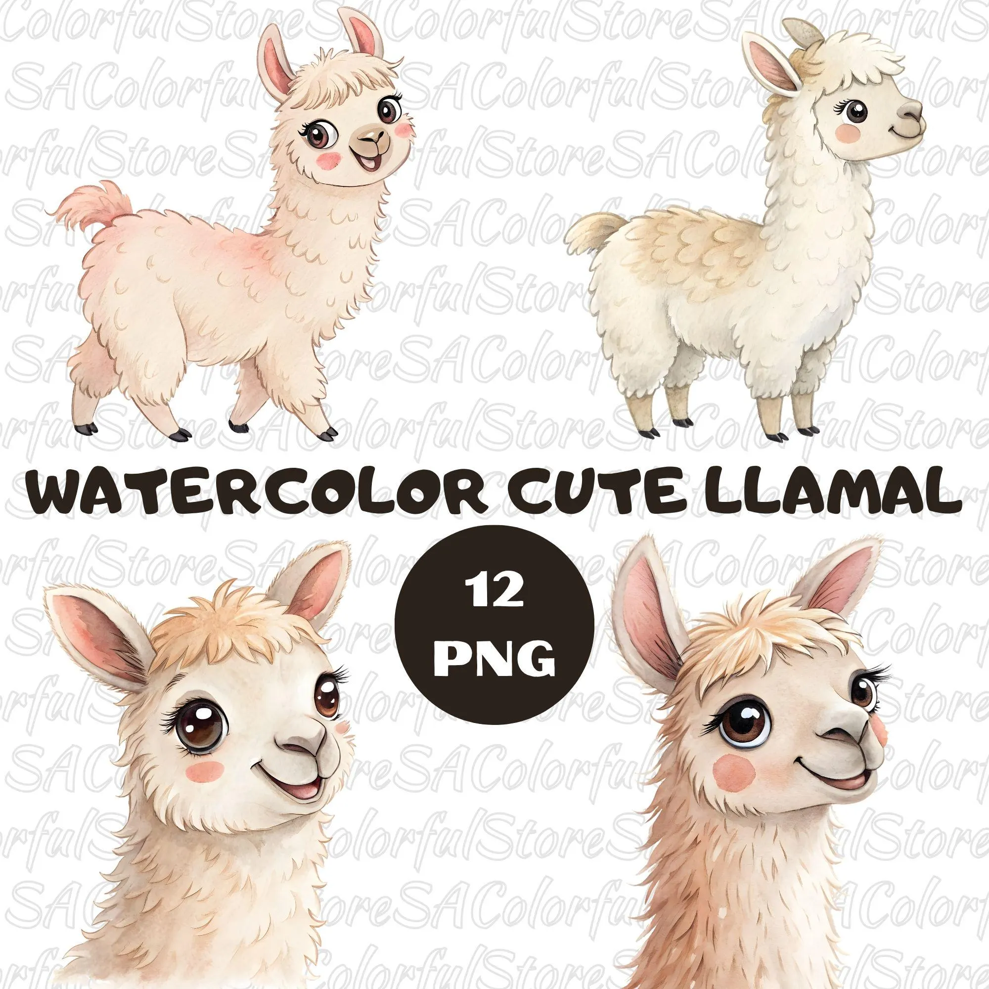 Watercolor Llama Clipart Bundle, Nursery Art (PNG)