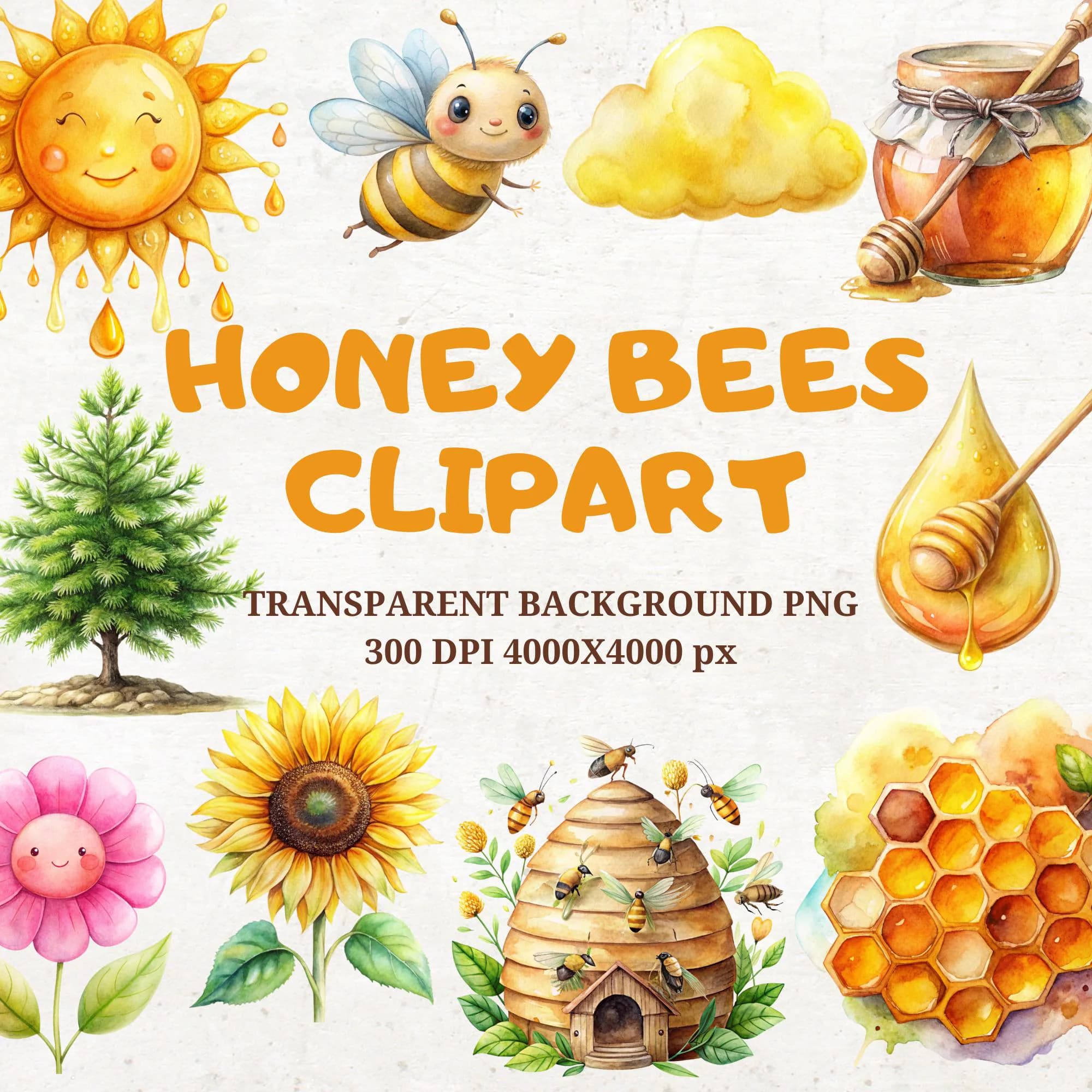 Watercolor Honey Bee Clipart Bundle, Bumblebee Nursery Art (PNG)