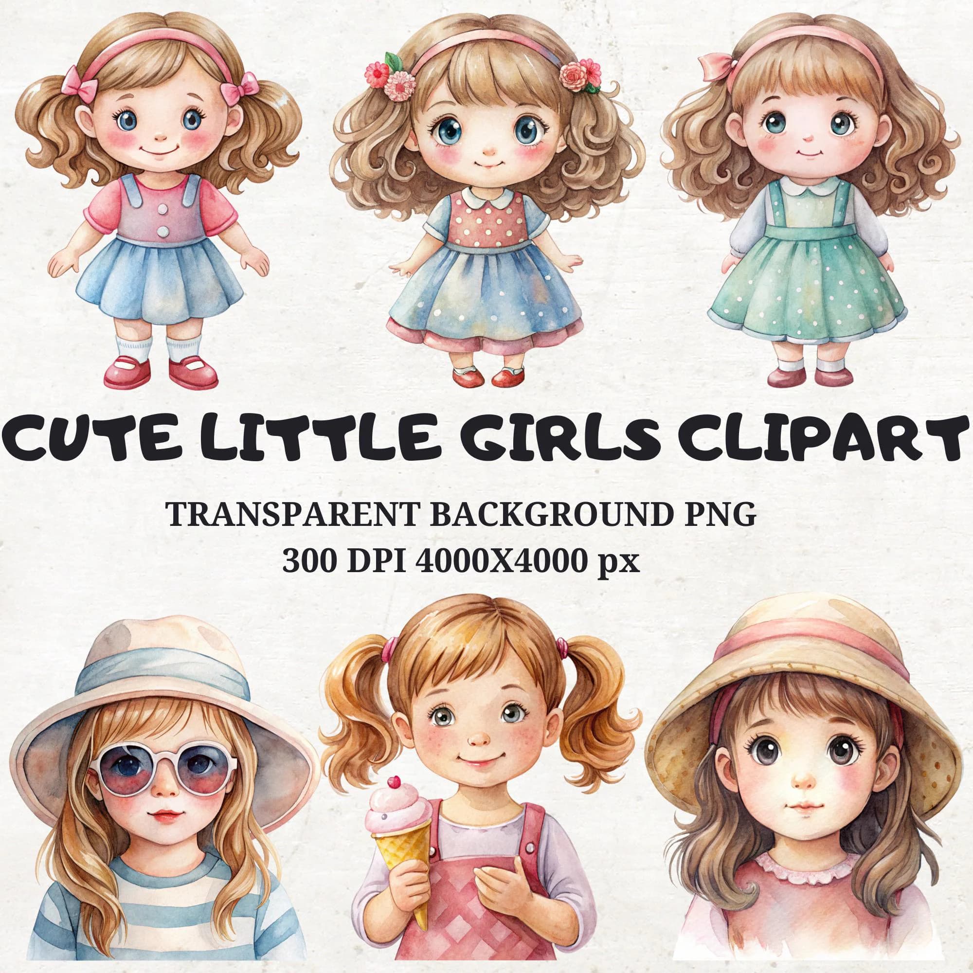 Watercolor Chibi Girls Clipart, Nursery Art (PNG)
