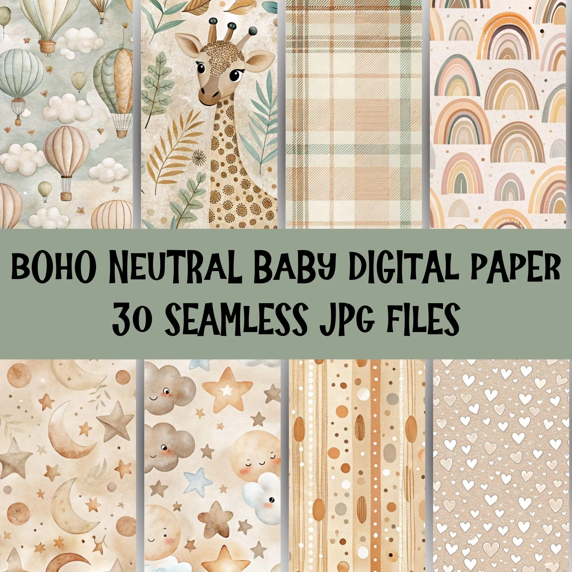 Boho Baby Digital Paper: Neutral Nursery Scrapbook Designs (JPG Download)