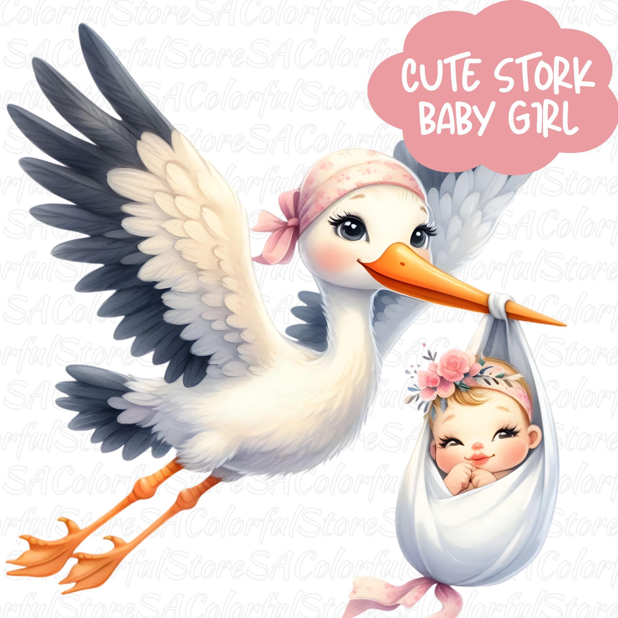 Watercolor Stork Baby Clipart: Nursery Art PNG Bundle (Digital Download)