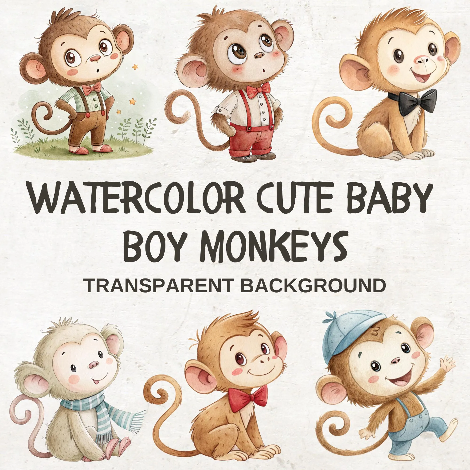 12 Baby Monkey Watercolor Clipart Bundle: Nursery Art Digital Download, PNG Files
