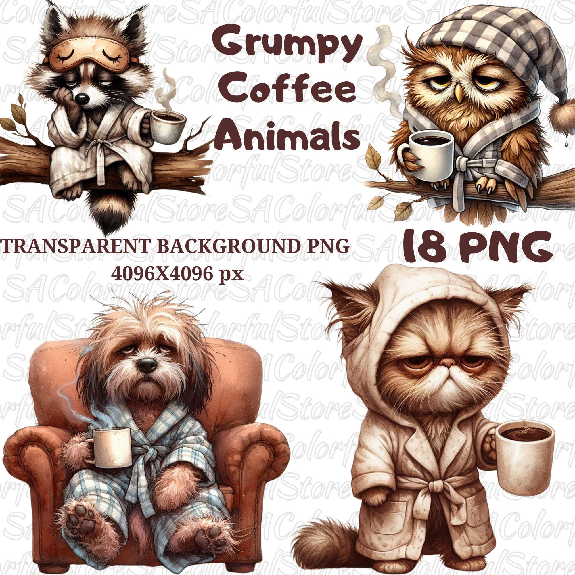 Watercolor Grumpy Coffee Animals Clipart Bundle: Safari & Forest PNGs (Digital Download)