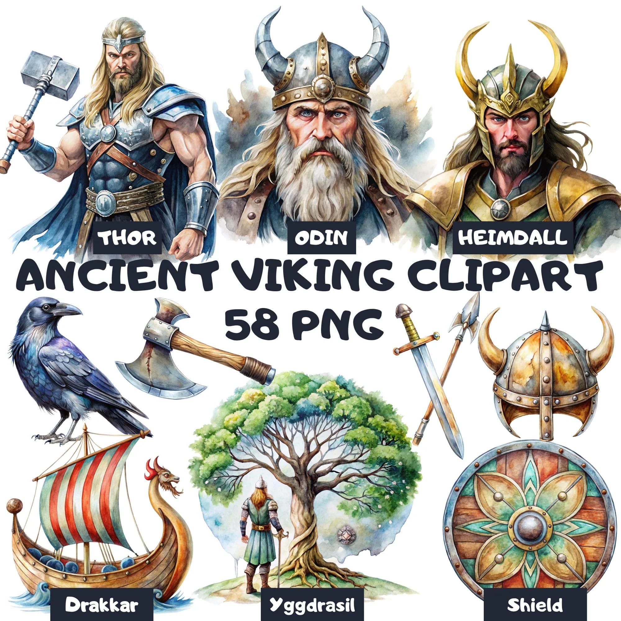Watercolor Viking Clipart Bundle: Norse Gods, Warriors, and Drakkar Ships