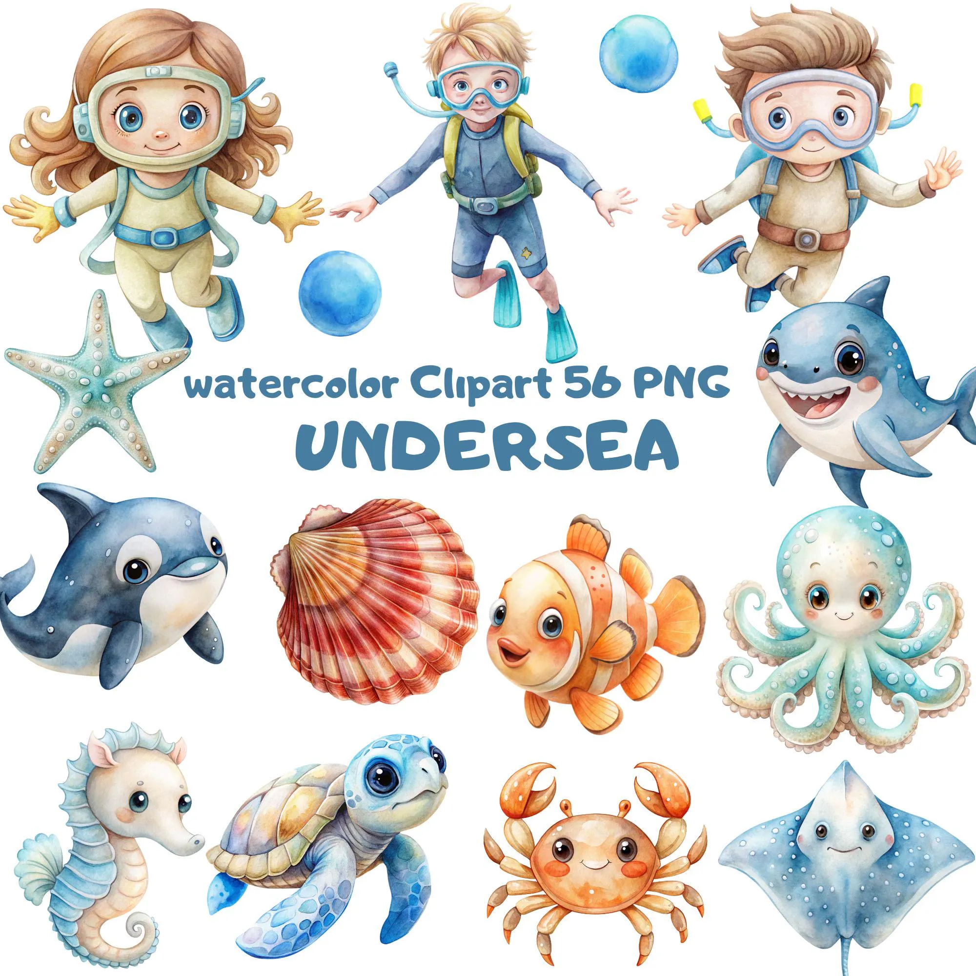 Watercolor Undersea Clipart: Ocean Animals, Nursery Decor (Digital Download)