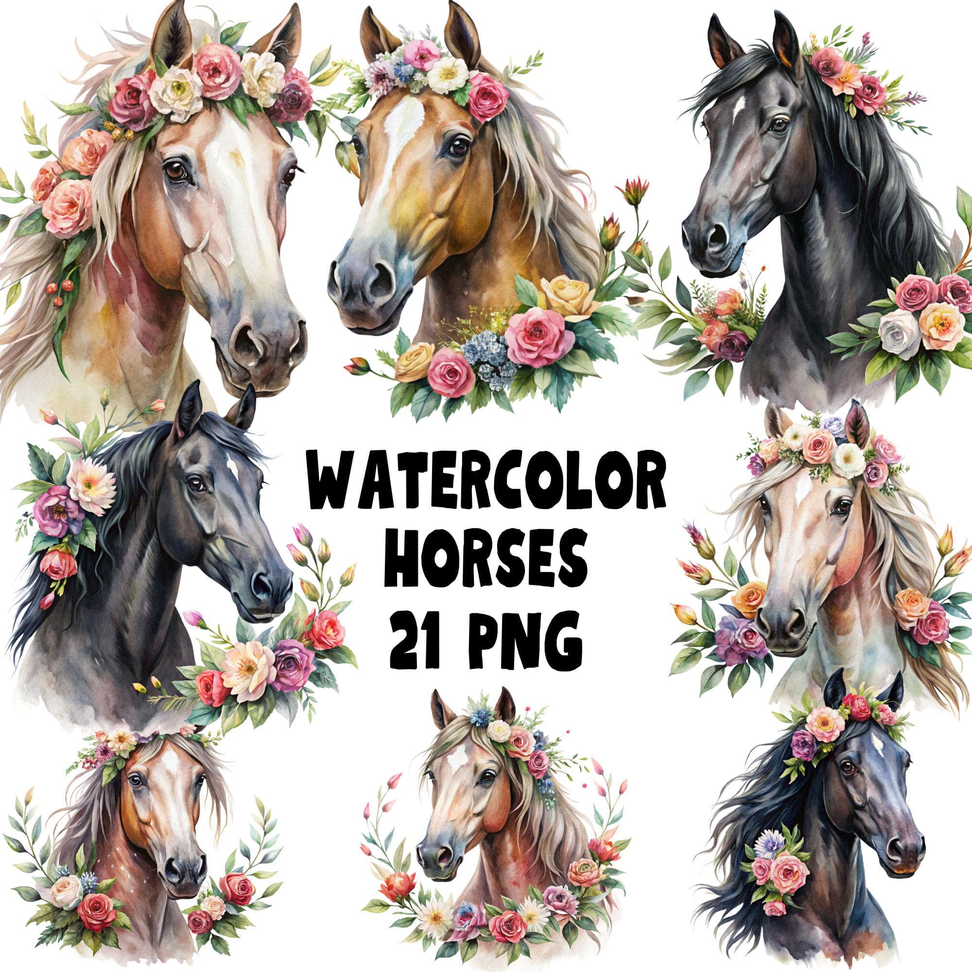 Watercolor Horse Clipart Bundle: Floral Animal PNG Images (Digital Download)