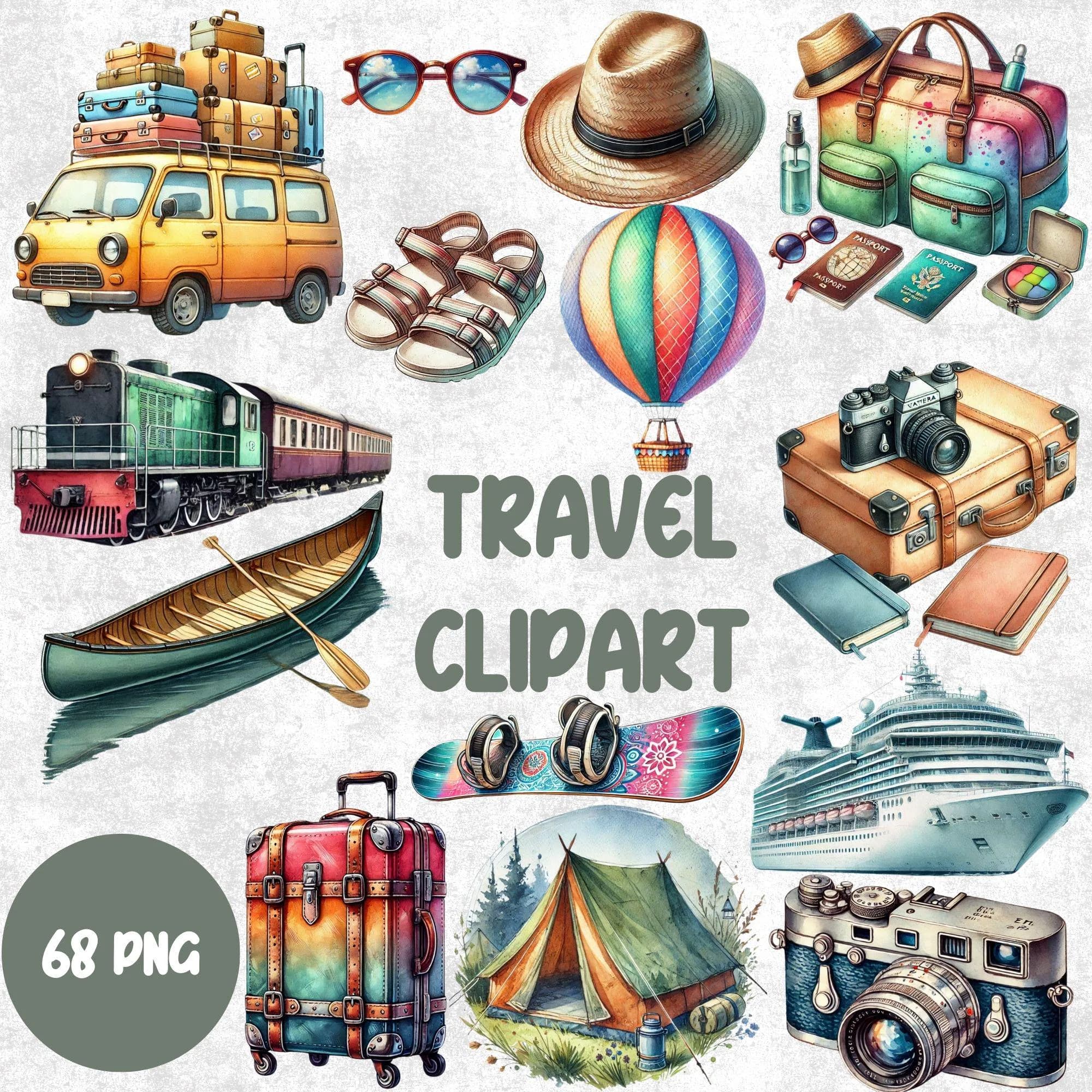 Watercolor Travel Clipart: Vacation Graphics, Landmarks, Luggage (PNG Files 4000x4000 px)