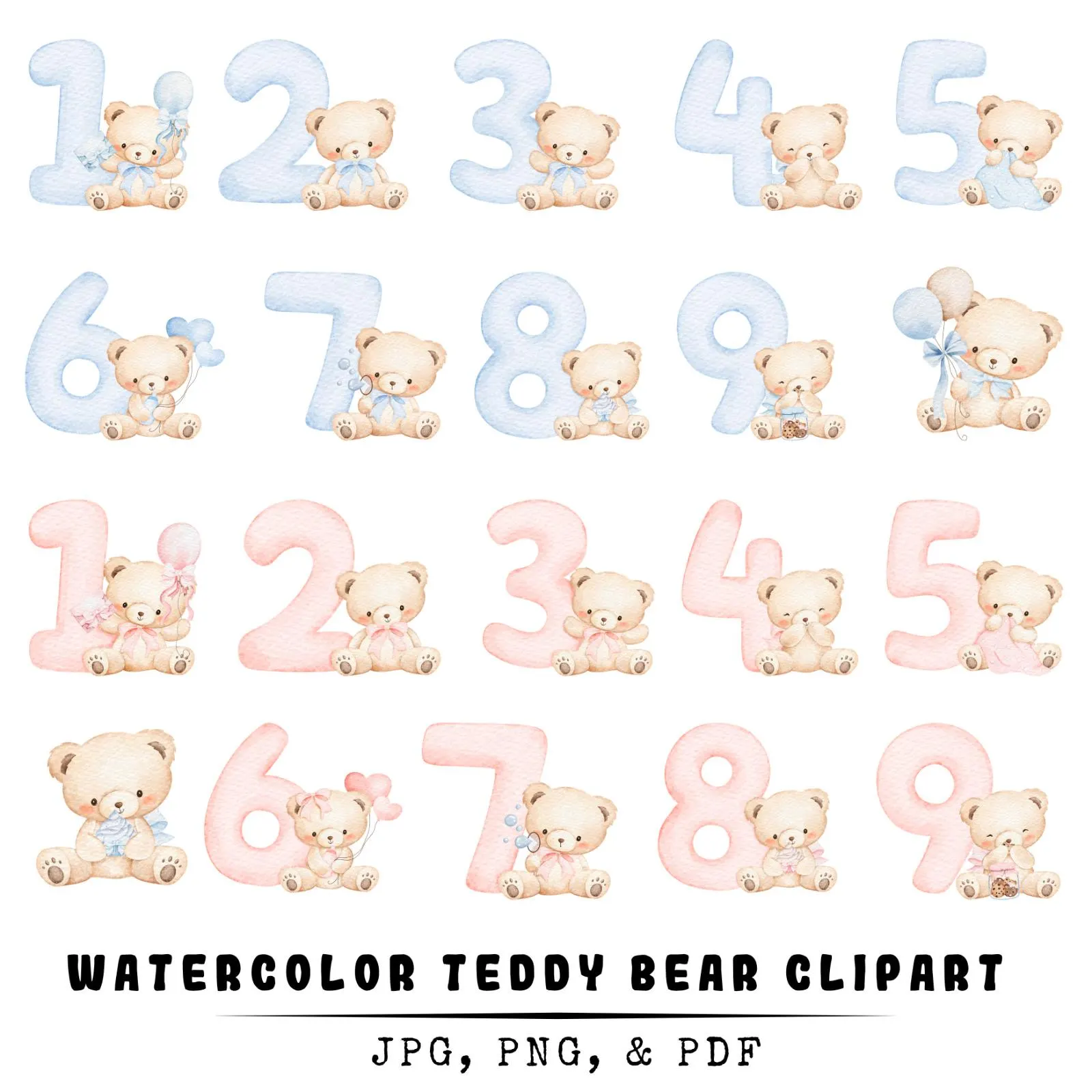 Watercolor Teddy Bear Clipart, Cute Baby Bear PNG, Nursery Art, Baby Shower Girl Clipart, Kids Birthday Decor, Shower Boy Clipart