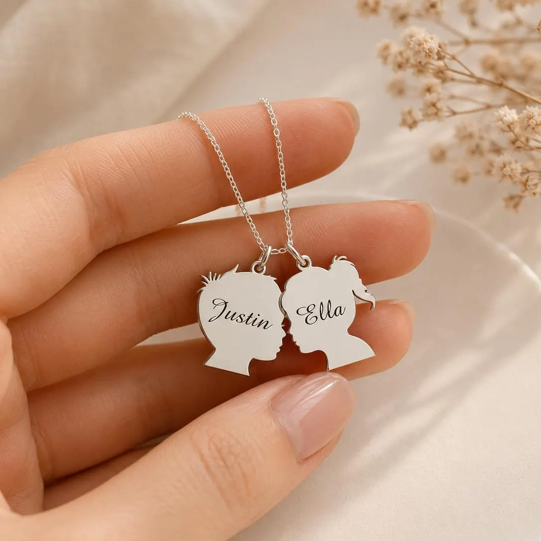 Child Silhouette Necklace with Personalized Kids Name, Family Keepsake Gift