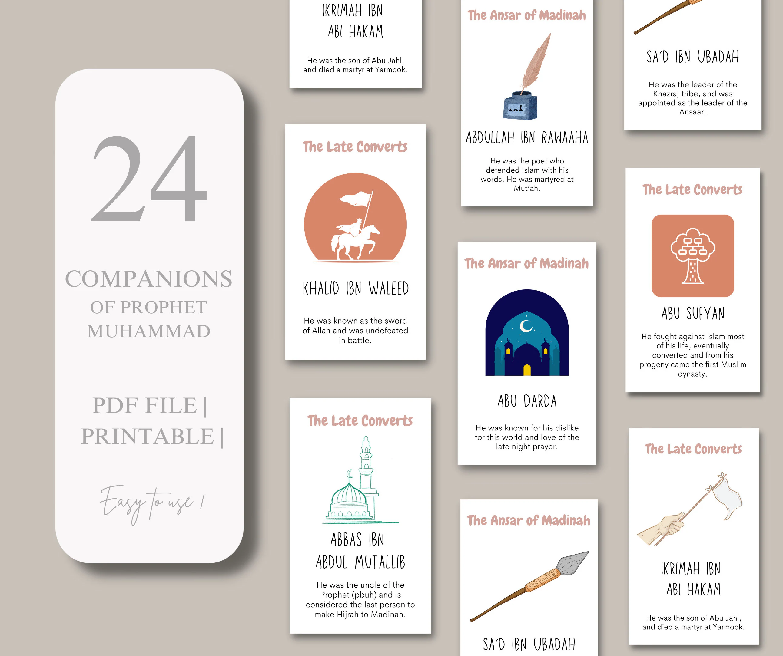 24 Companions of Prophet Muhammad Flashcards | Islamic Pre School | Digital Print | Montessori Furniture