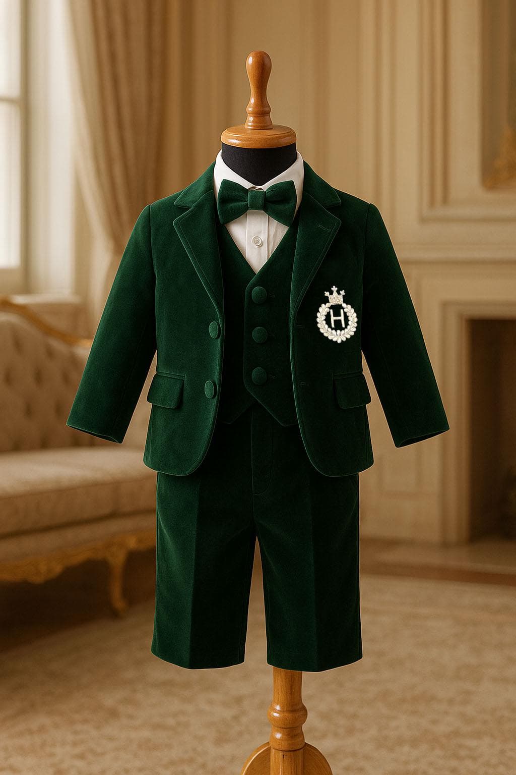 Baby Boy Green Velvet Suit - 5 Piece Embroidered Toddler Birthday Outfit, Page Boy Clothes