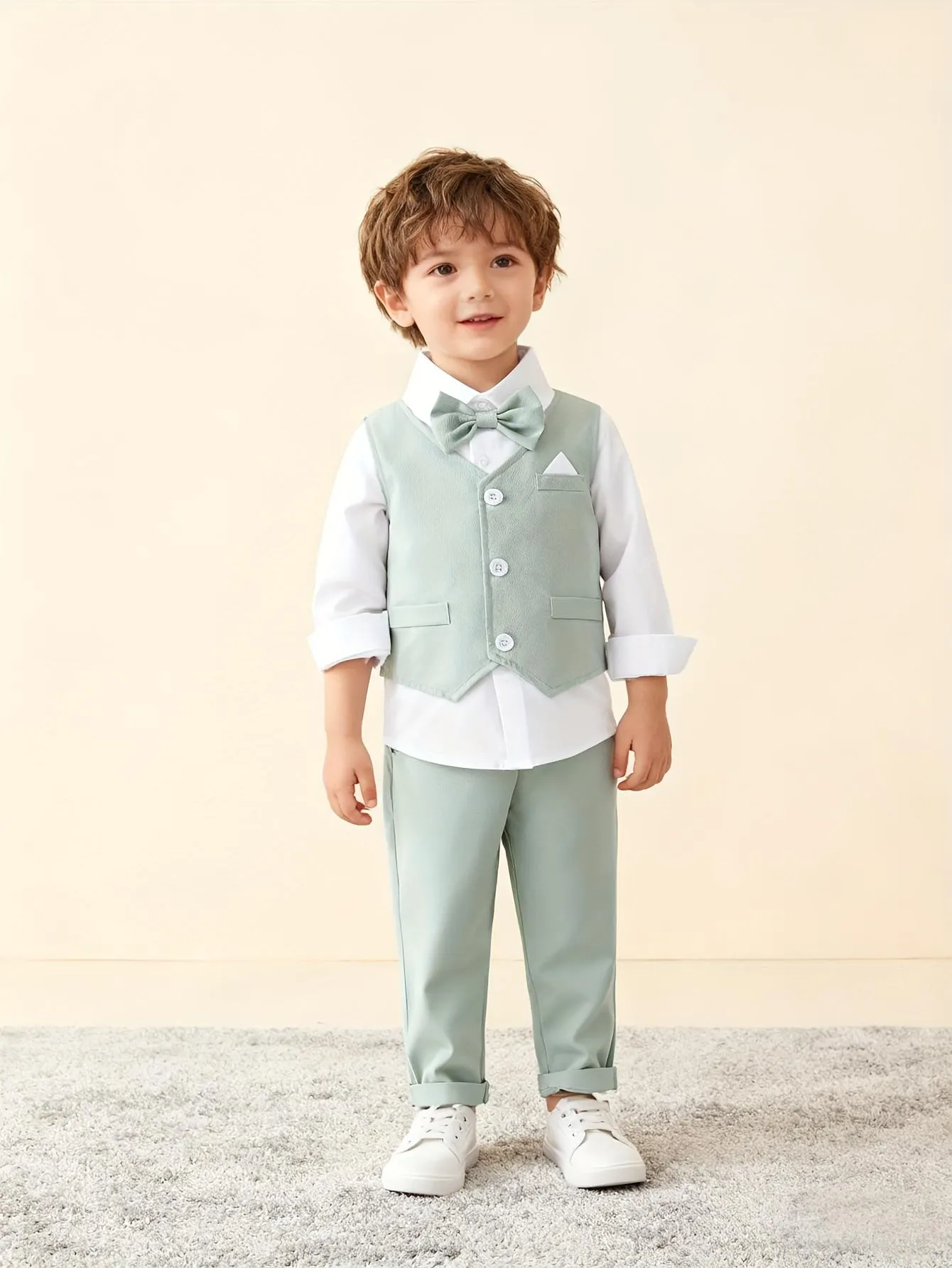 Boys Sage Green Tuxedo Suit for Wedding, Custom Fit Ring Bearer Outfit with Blazer Vest and Pants