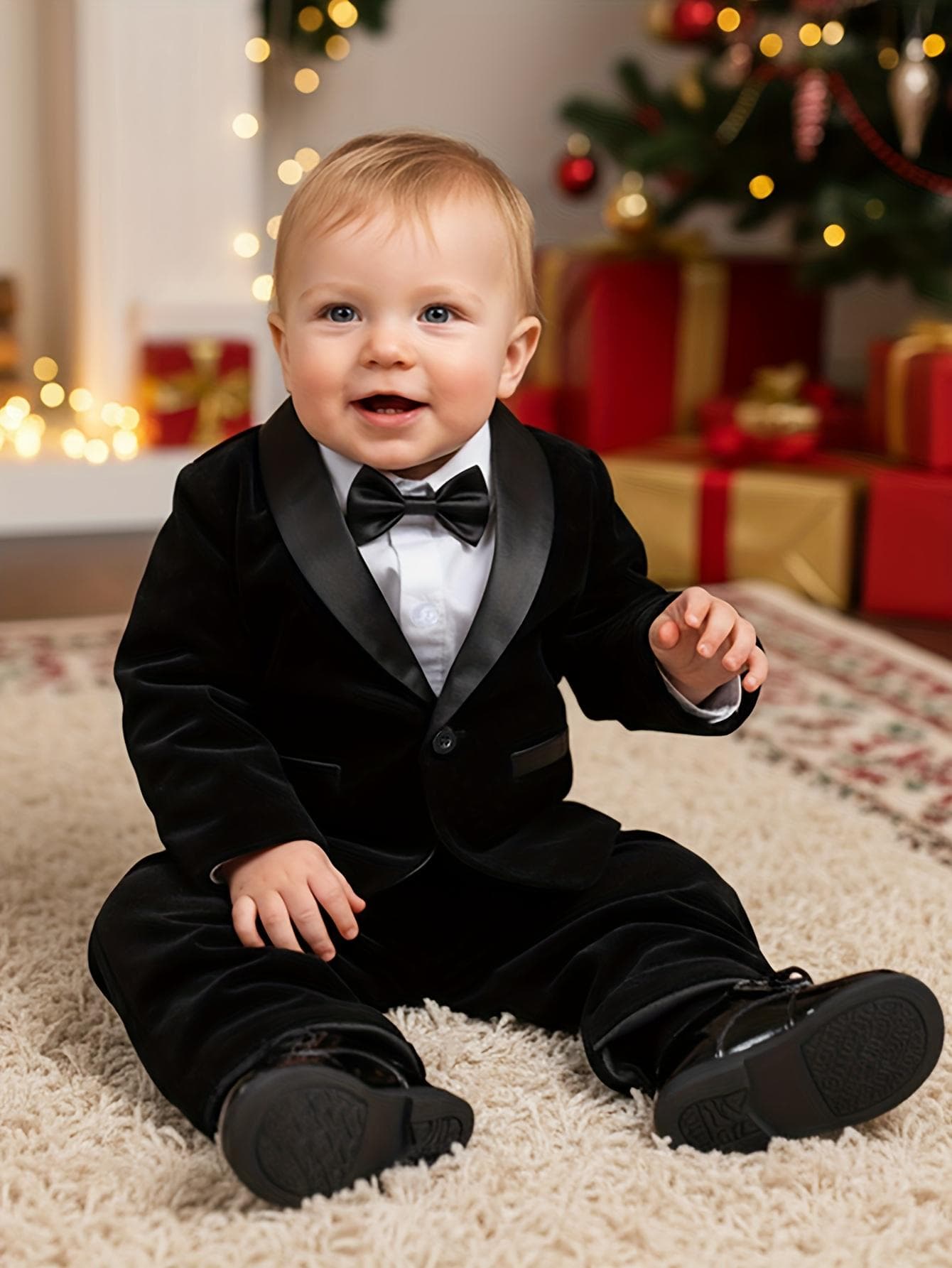 Boys Black Velvet Tuxedo Suit - 3-piece Toddler Formal Wear Wedding Set - Ring Bearer Outfit
