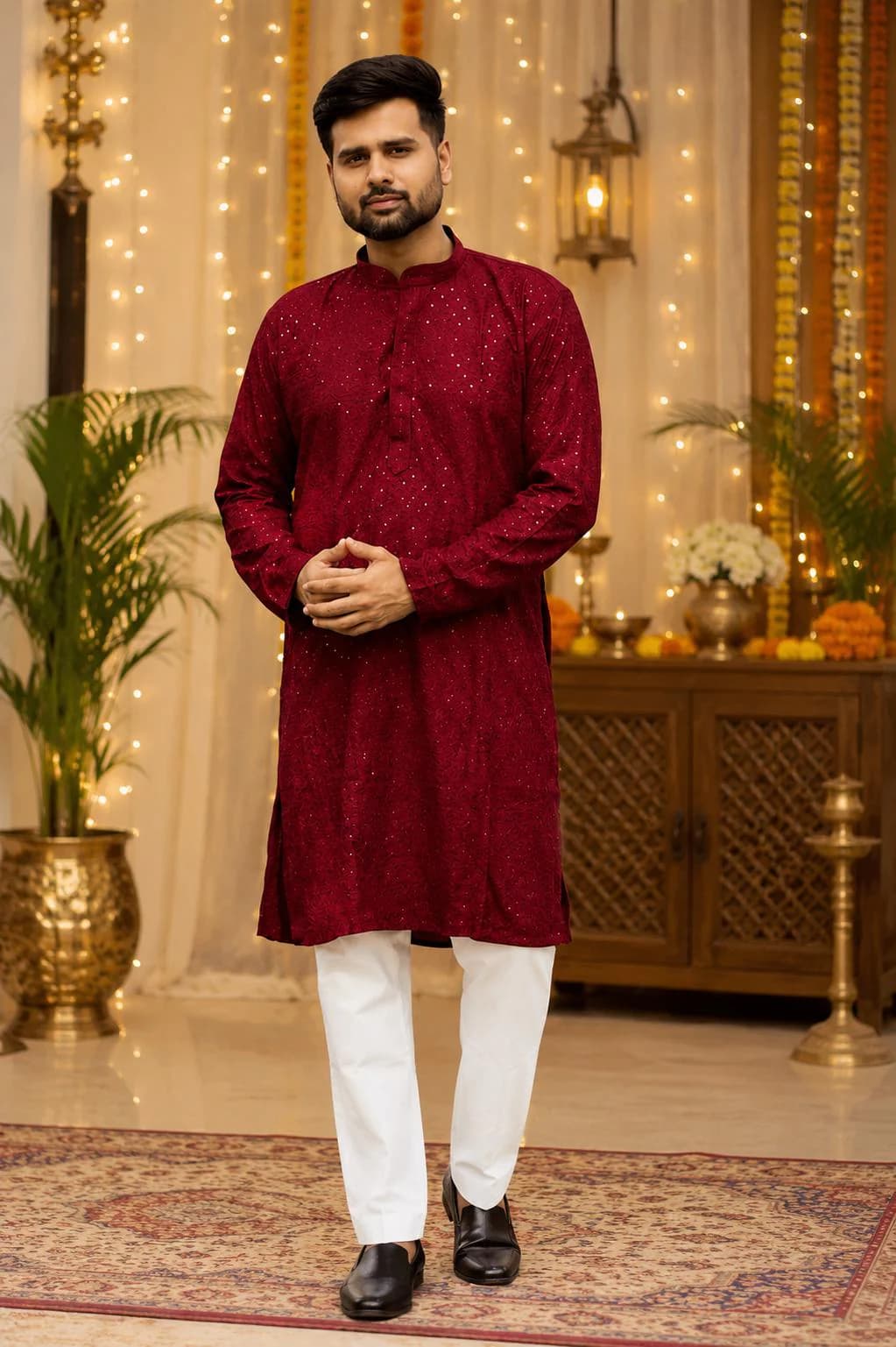Maroon Kurta Pajama for Men | Chikan Work Kurta Set | Indian Wedding Outfit | Traditional Wear