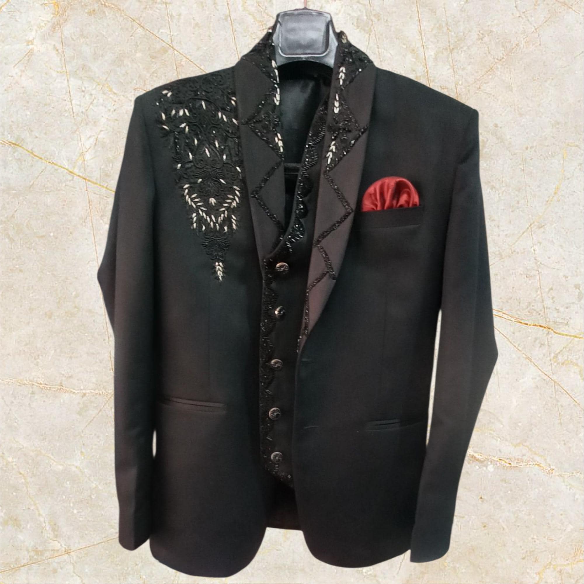 Mens Black Hand Work Tuxedo Suit: Custom Party Wear Set for Wedding Groomsmen, Engagement