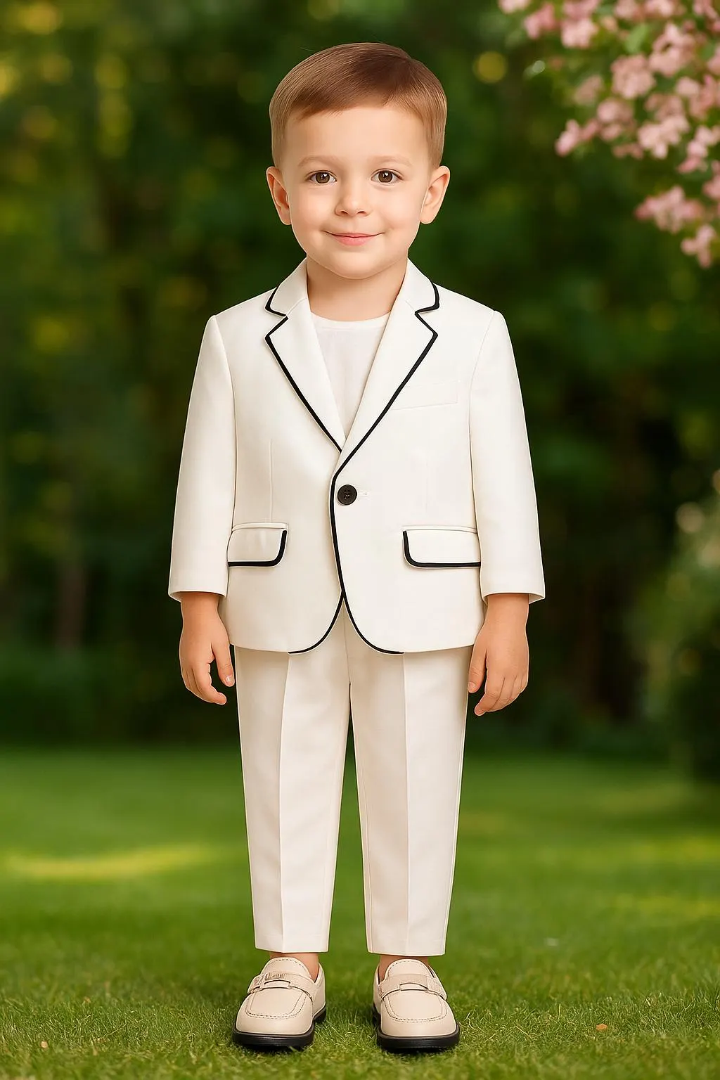 White formal suit set for toddler boys — includes blazer, and trousers, great for weddings or christening ceremonies